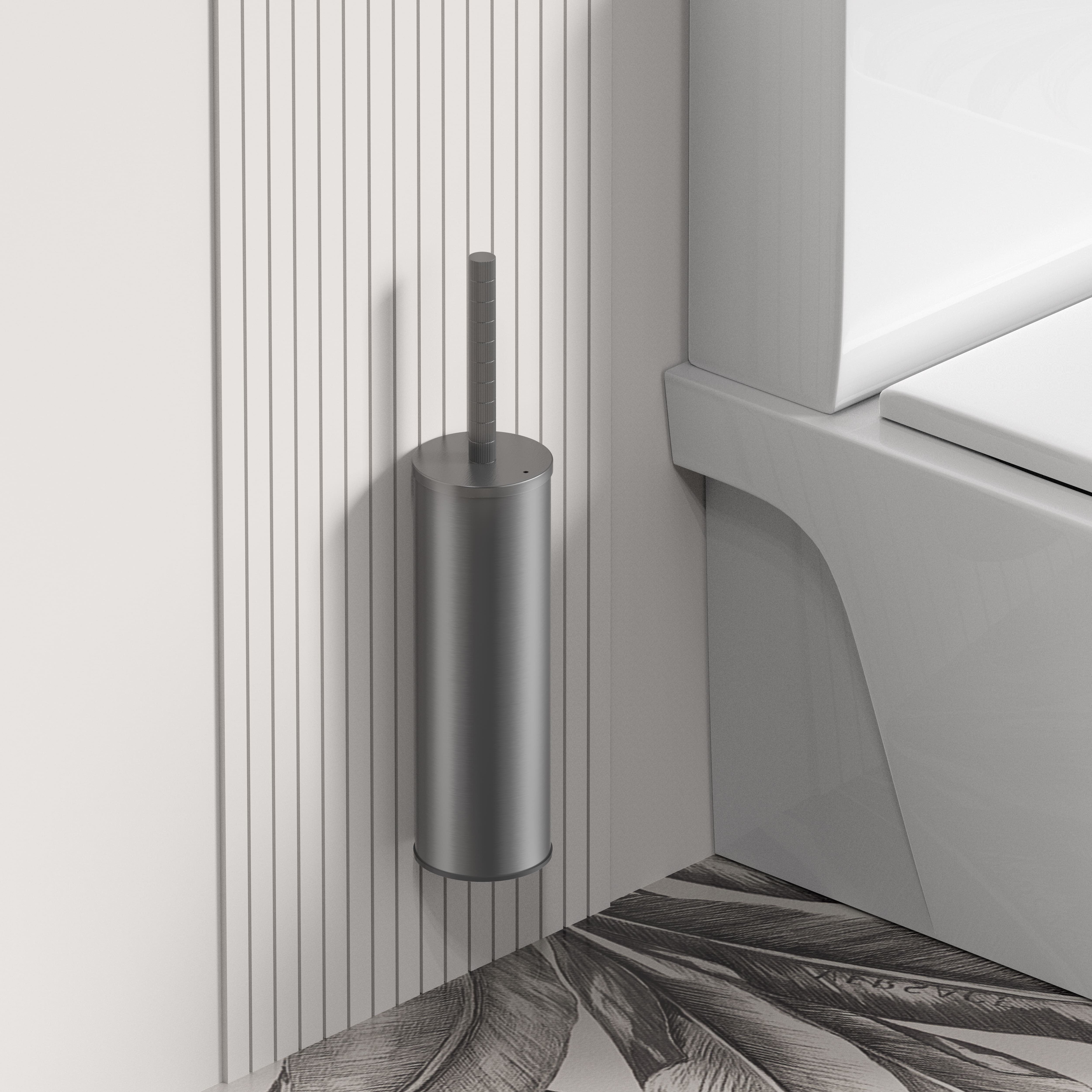 STRIA BROSSE WC AVEC SUPPORT – MANCHE AVEC STRUCTURE STRIÉE RAFFINÉE – SUSPENDUE OU À POSER – AVEC RÉCIPIENT INTÉRIEUR EN PLASTIQUE – GUNMETAL (PVD)