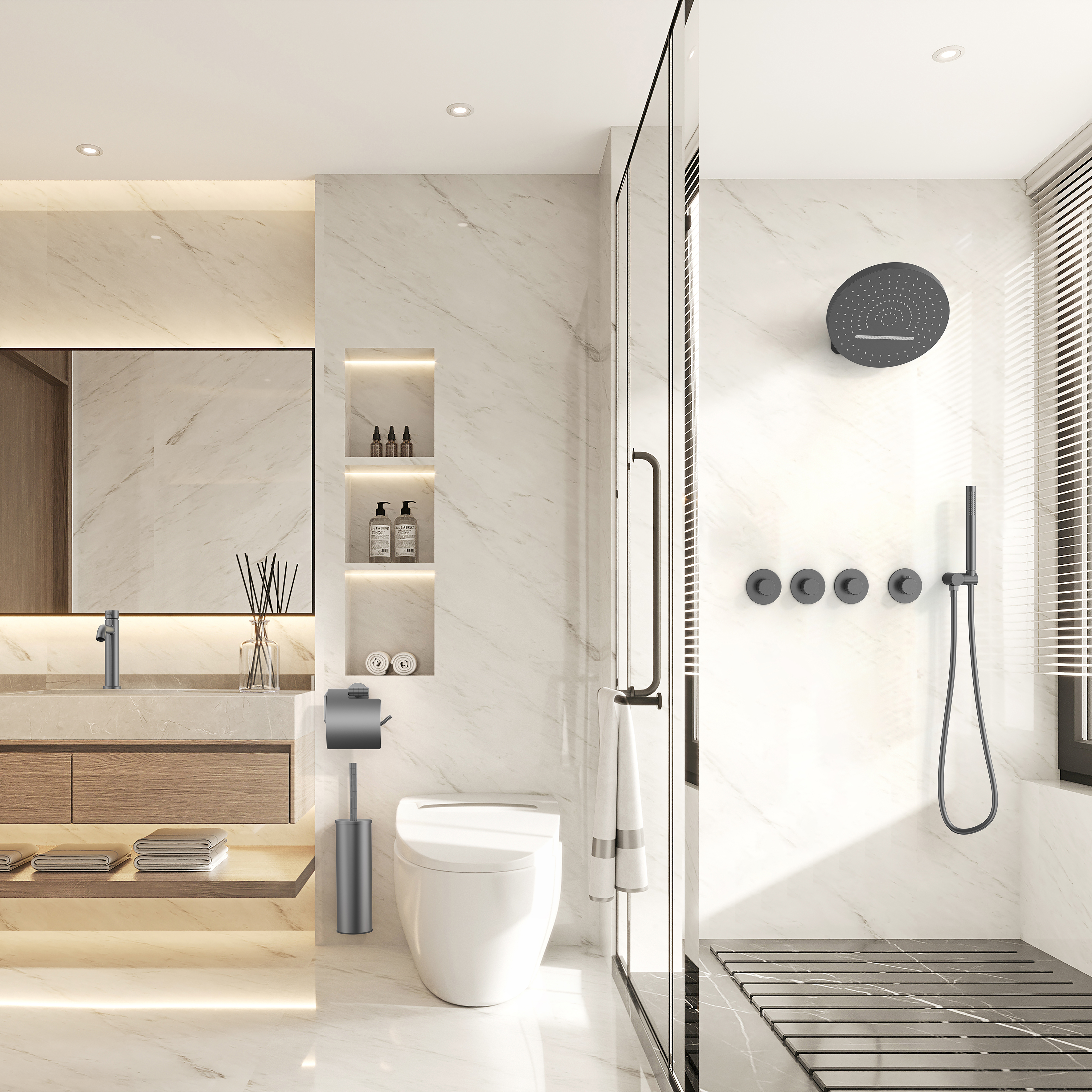 STRIA ÉLÉMENT DE FINITION POUR MITIGEUR DE DOUCHE – 3 VOIES AVEC 3 ROBINETS D’ARRÊT – THERMOSTATIQUE – ENCASTRÉ – RONDE – BOUTONS S AVEC STRUCTURE STRIÉE RAFFINÉE – GUNMETAL (PVD)