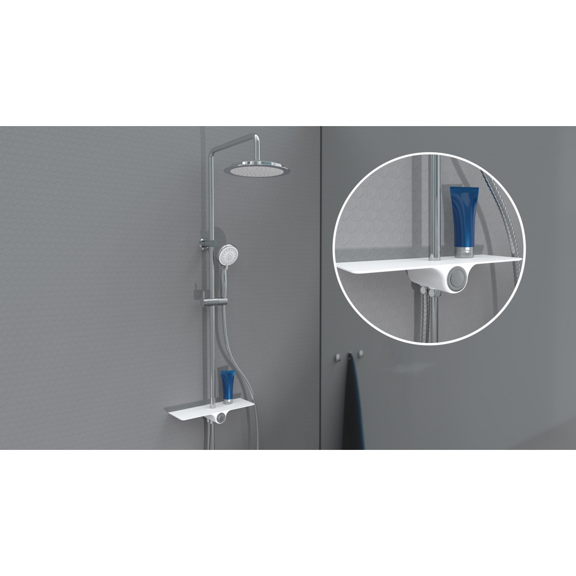 60500 AQUASTAR Set douche de pluie, chromé/blanc, avec tablette