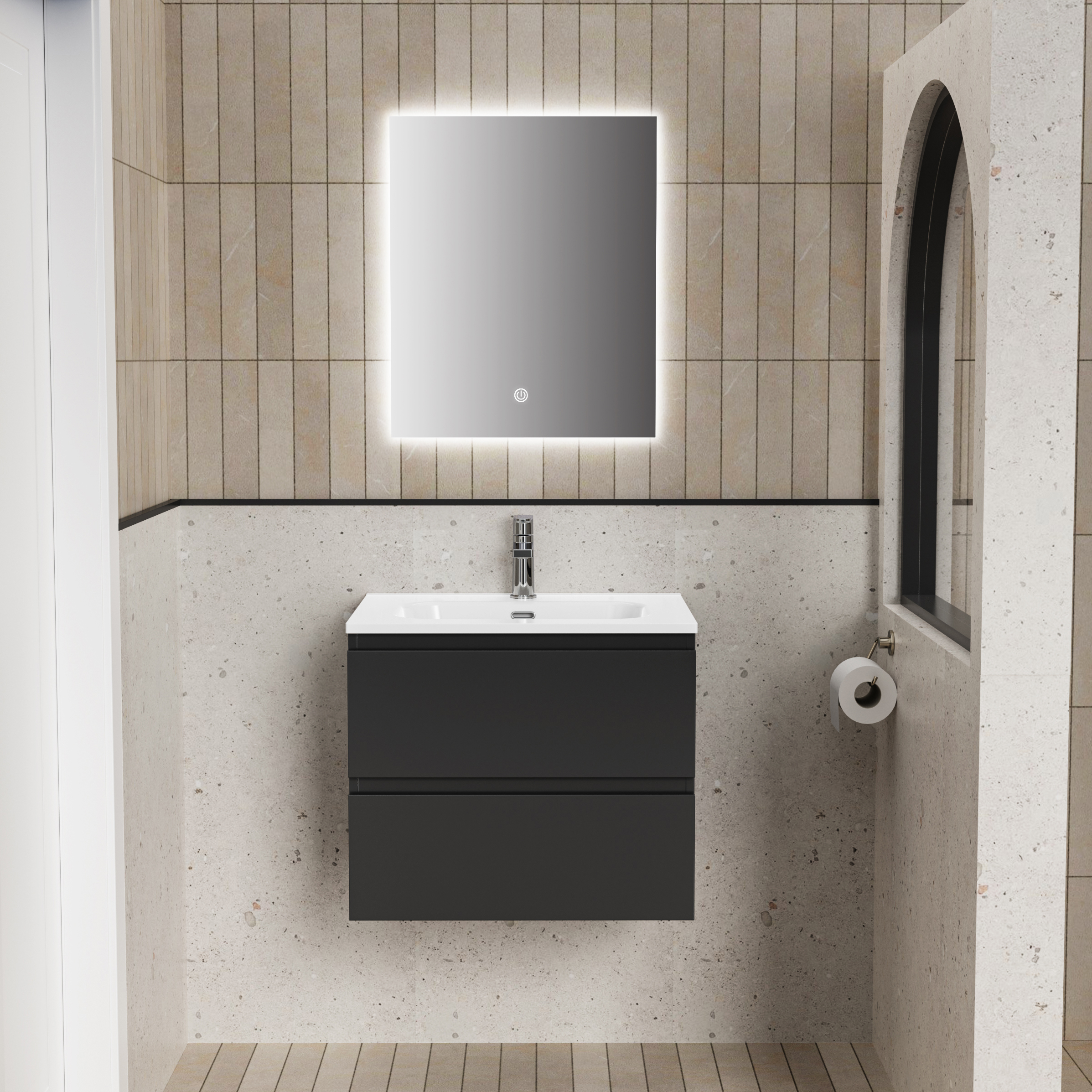 ALONI LIVA ENSEMBLE DE MEUBLE DE SALLE DE BAIN COMPLET – AVEC MEUBLE SOUS-VASQUE – AVEC VASQUE – AVEC MIROIR LED – 60 CM – NOIR MAT