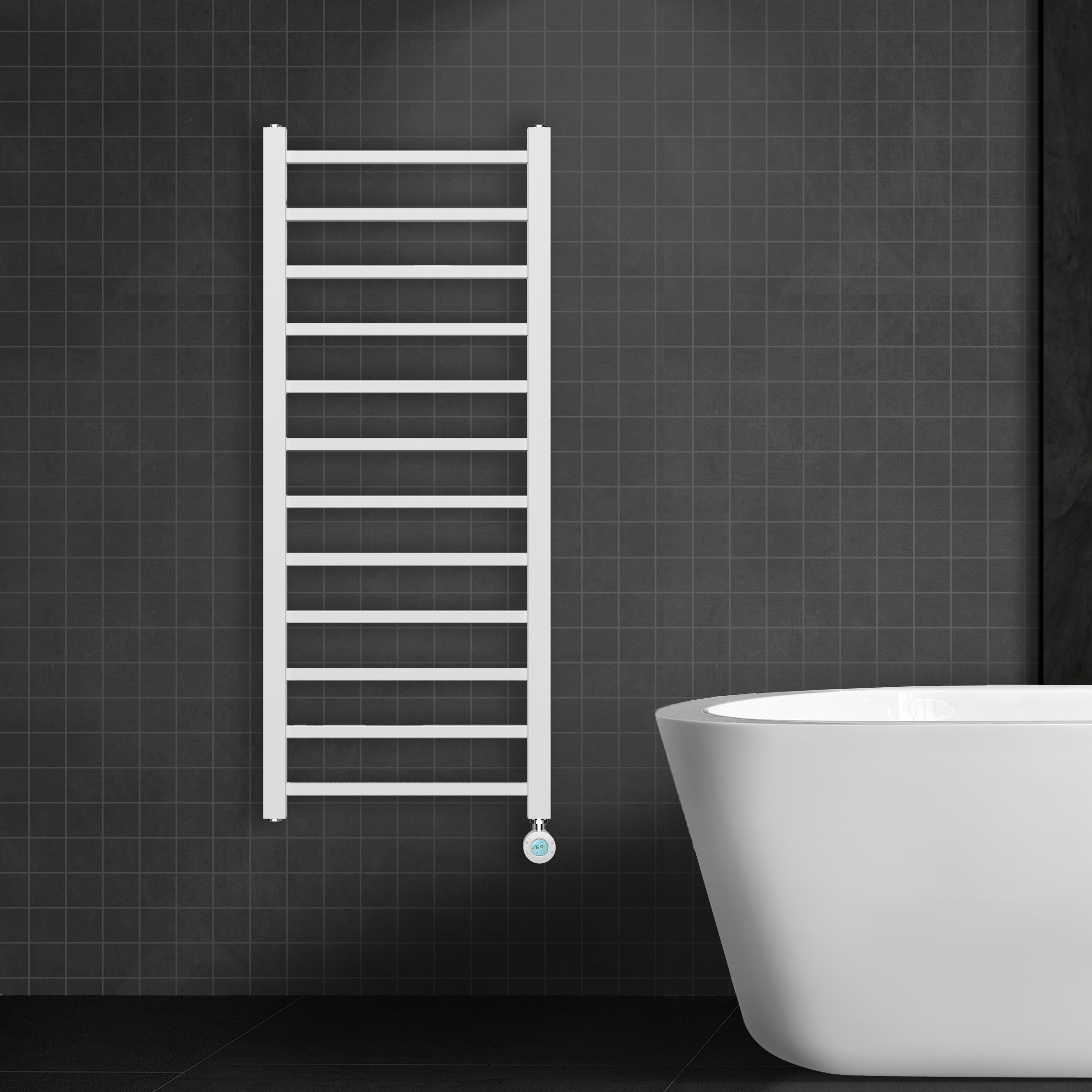 BELRAD SÈCHE-SERVIETTES ÉLECTRIQUE – AVEC THERMOSTAT NUMÉRIQUE PROGRAMMABLE – RACCORD À DROITE – 413W – 1200X500 MM – BLANC