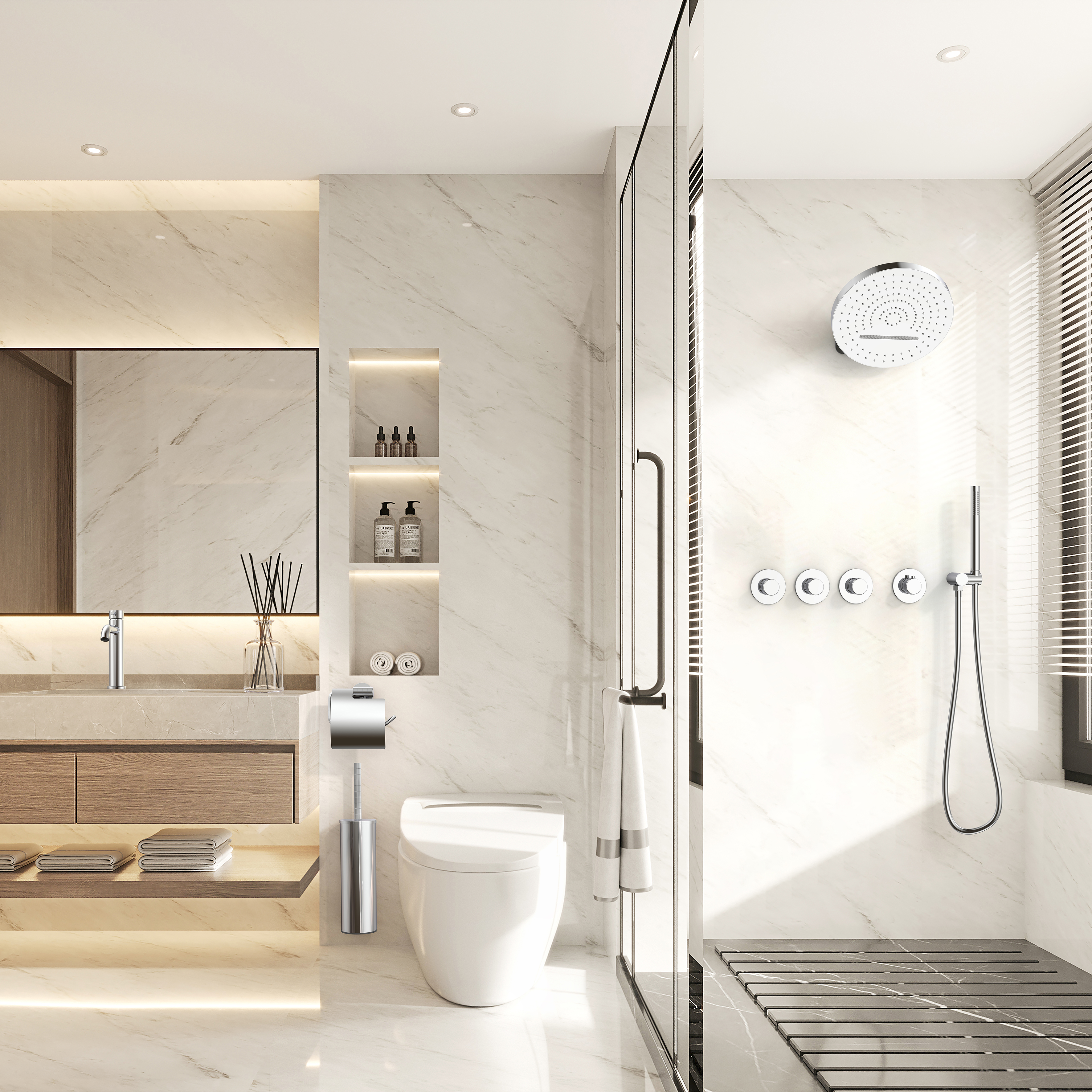 STRIA ÉLÉMENT DE FINITION POUR MITIGEUR DE DOUCHE – 3 VOIES AVEC 3 ROBINETS D’ARRÊT – THERMOSTATIQUE – ENCASTRÉ – RONDE – BOUTONS S AVEC STRUCTURE STRIÉE RAFFINÉE – CHROME