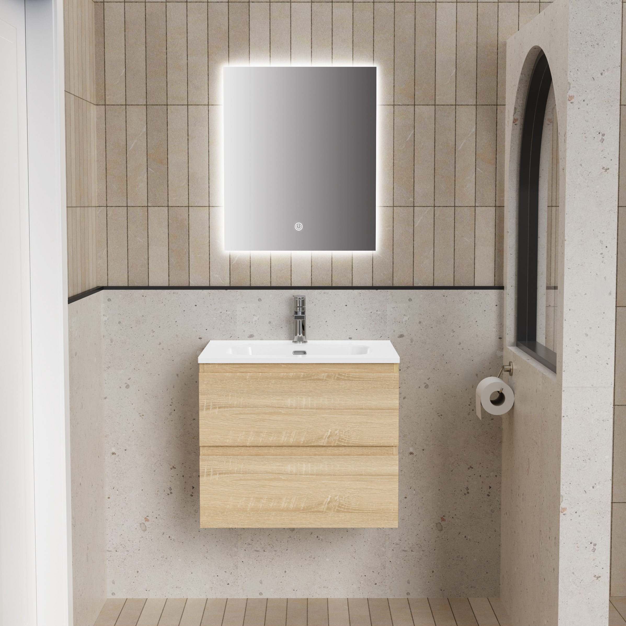 ALONI LIVA ENSEMBLE DE MEUBLE DE SALLE DE BAIN COMPLET – AVEC MEUBLE SOUS-VASQUE – AVEC VASQUE – AVEC MIROIR LED – 60 CM – CHÊNE