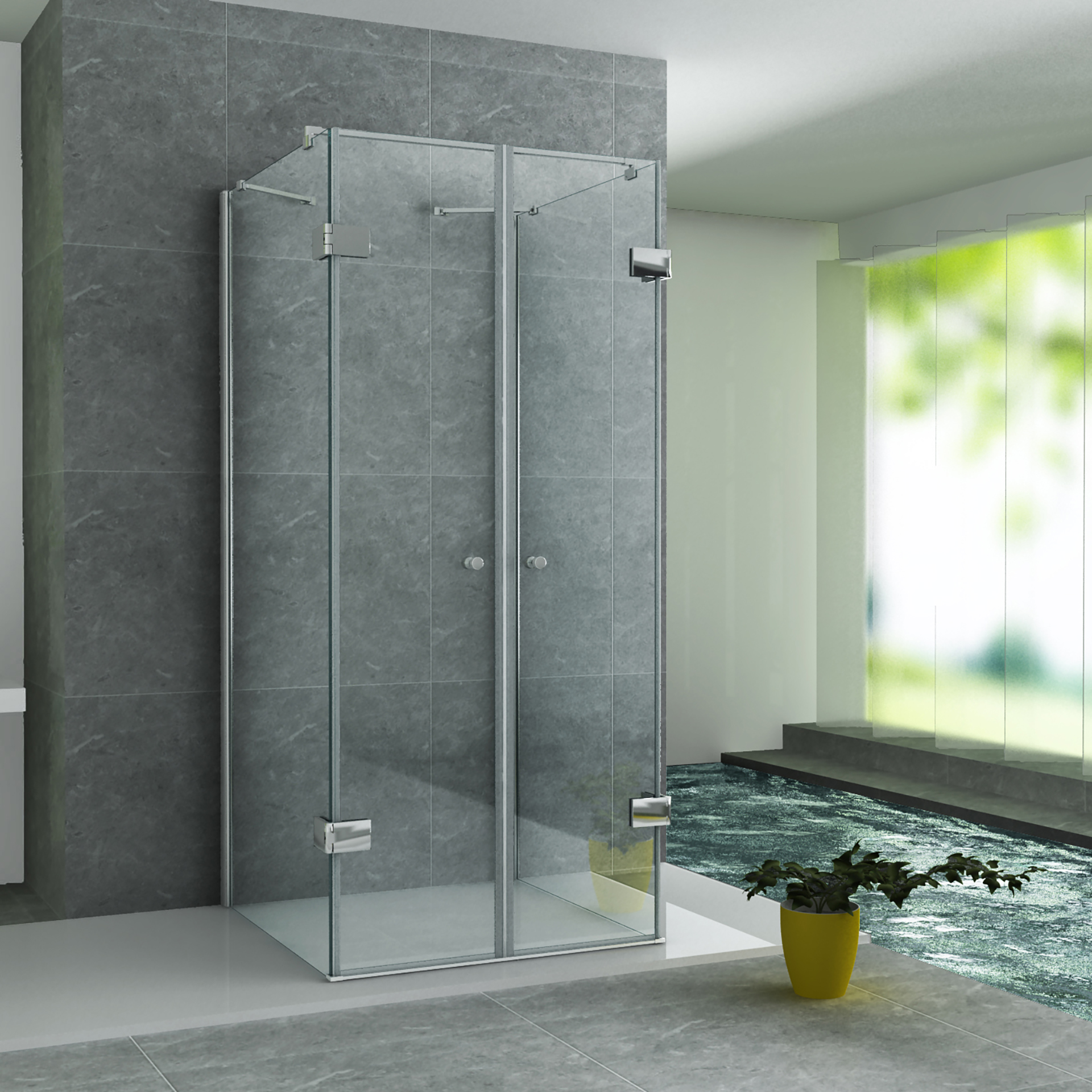 ALONI CABINE DE DOUCHE U - 2 PORTES PIVOTANTES ET 2 PAROIS LATÉRALES - 900 X 900 X1950 MM - CHROME - VERRE CLAIR