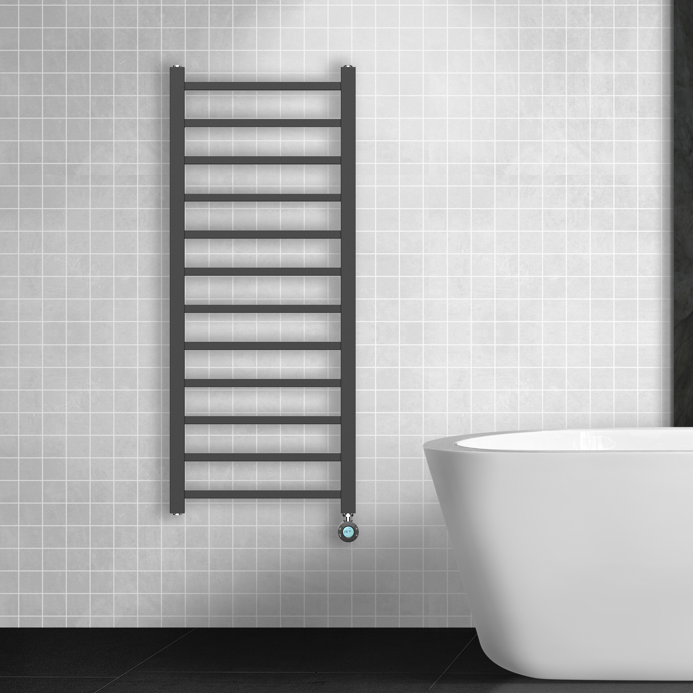 BELRAD SÈCHE-SERVIETTES ÉLECTRIQUE – AVEC THERMOSTAT NUMÉRIQUE PROGRAMMABLE – RACCORD À DROITE – 413W – 1200X500 MM – NOIR MAT