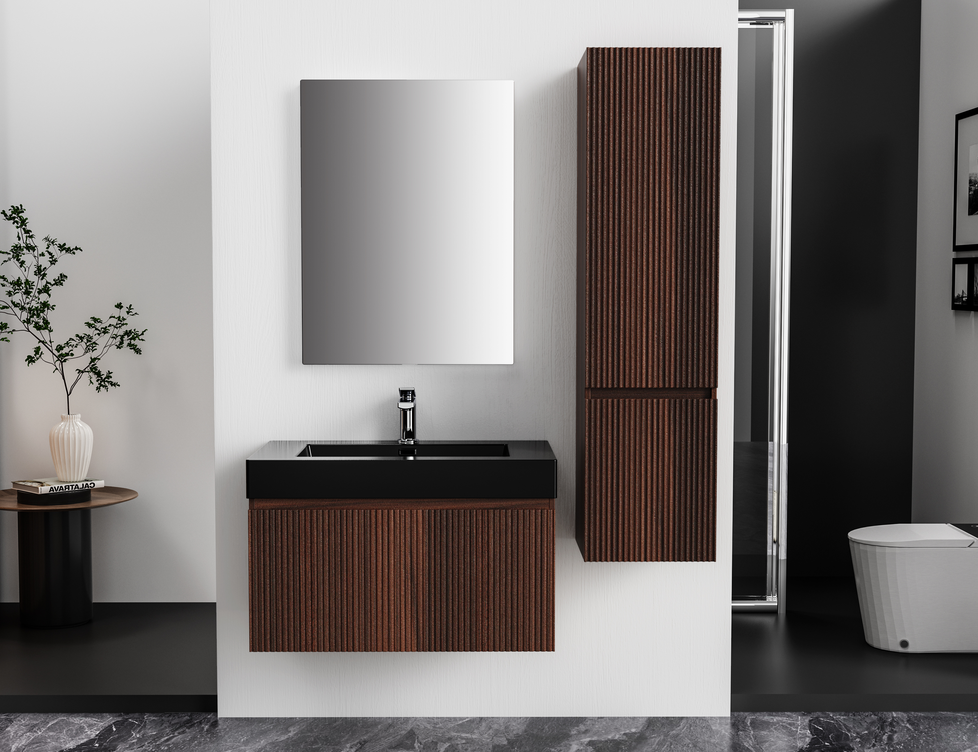 ALONI ELA COLONNE - 2 PORTES - SANS POIGNEE - SOFT CLOSE - REVERSIBLE - 35X135X35 CM - WENGE