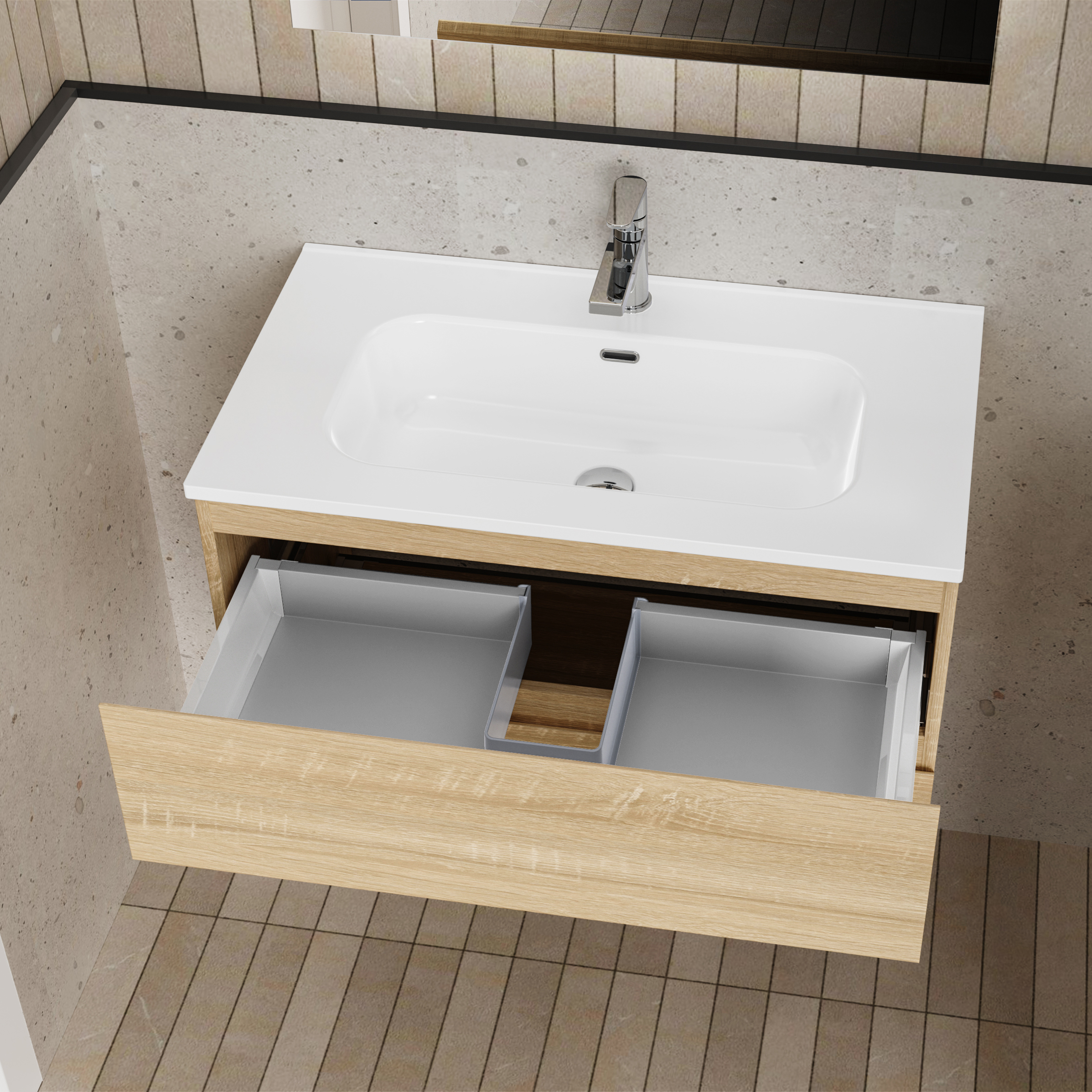 ALONI LIVA ENSEMBLE DE MEUBLE DE SALLE DE BAIN COMPLET – AVEC MEUBLE SOUS-VASQUE – AVEC VASQUE – AVEC MIROIR LED – 80 CM – CHÊNE