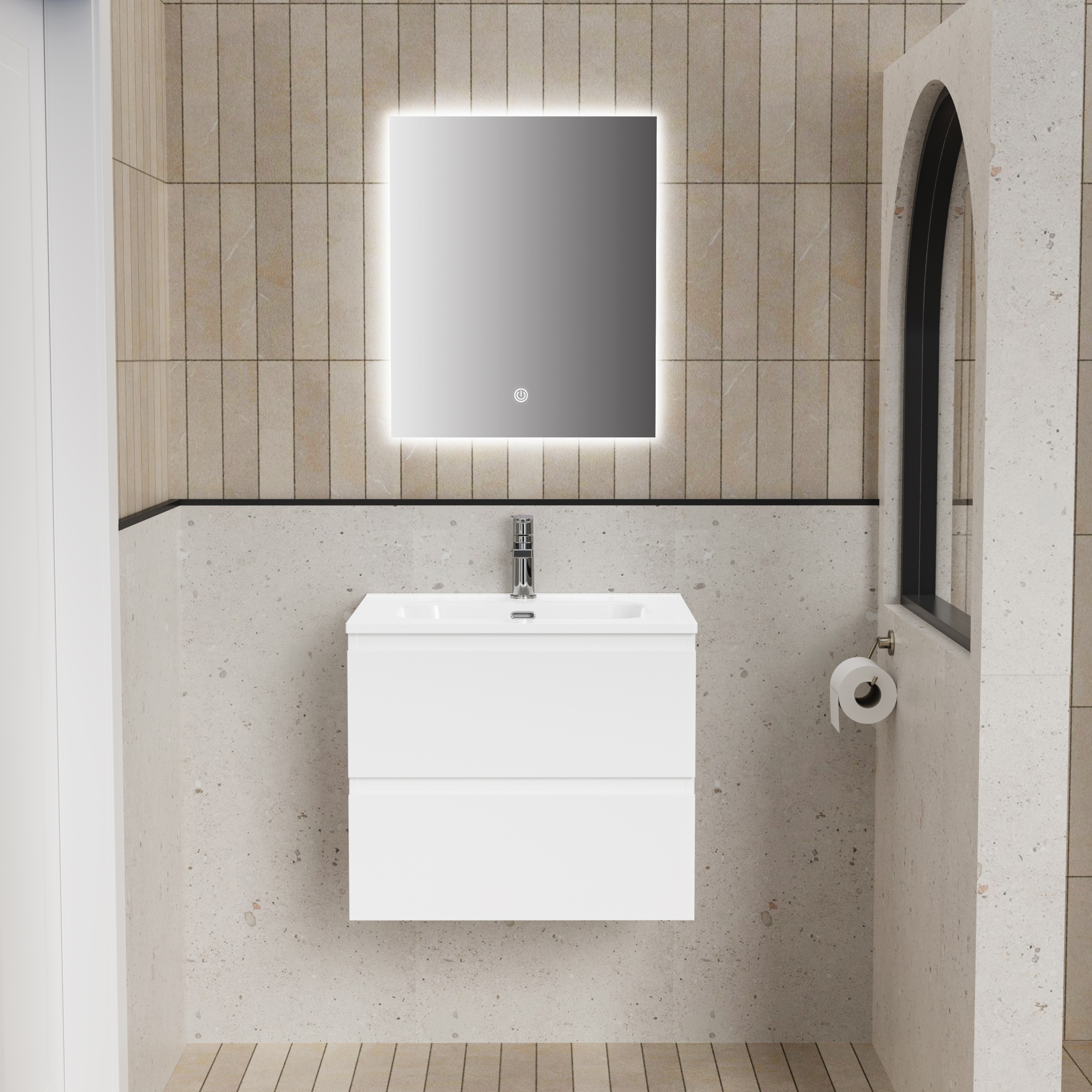 ALONI LIVA ENSEMBLE DE MEUBLE DE SALLE DE BAIN COMPLET – AVEC MEUBLE SOUS-VASQUE – AVEC VASQUE – AVEC MIROIR LED – 60 CM – BLANC BRILLANT