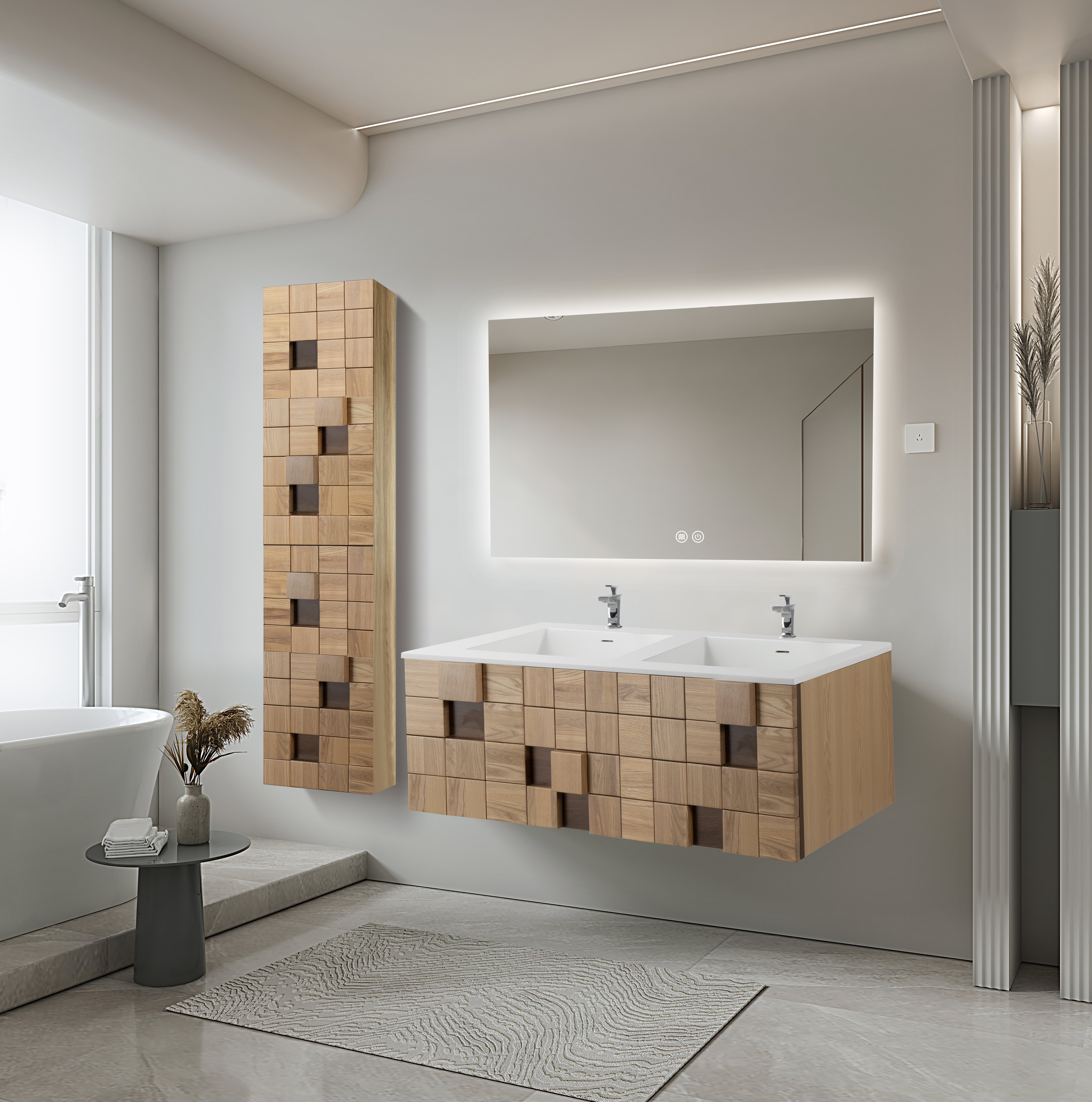 WONDA SQUARE SLIM LAVABO - 2 VASQUES - AVEC TROP-PLEIN - 2 TROUS ROBINET - MARBRE COMPOSITE - 120X1,6X52,5 CM - BLANC MAT