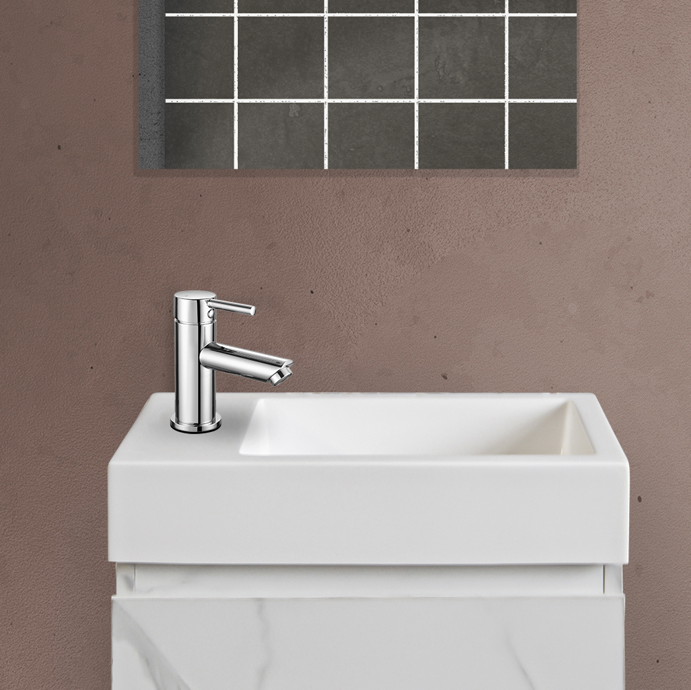 ALONI LAVE-MAINS - SANS TROP-PLEIN - TROU ROBINET À GAUCHE OU À DROITE - MARBRE COMPOSITE - 40X10,5X22,5CM - BLANC BRILLANT