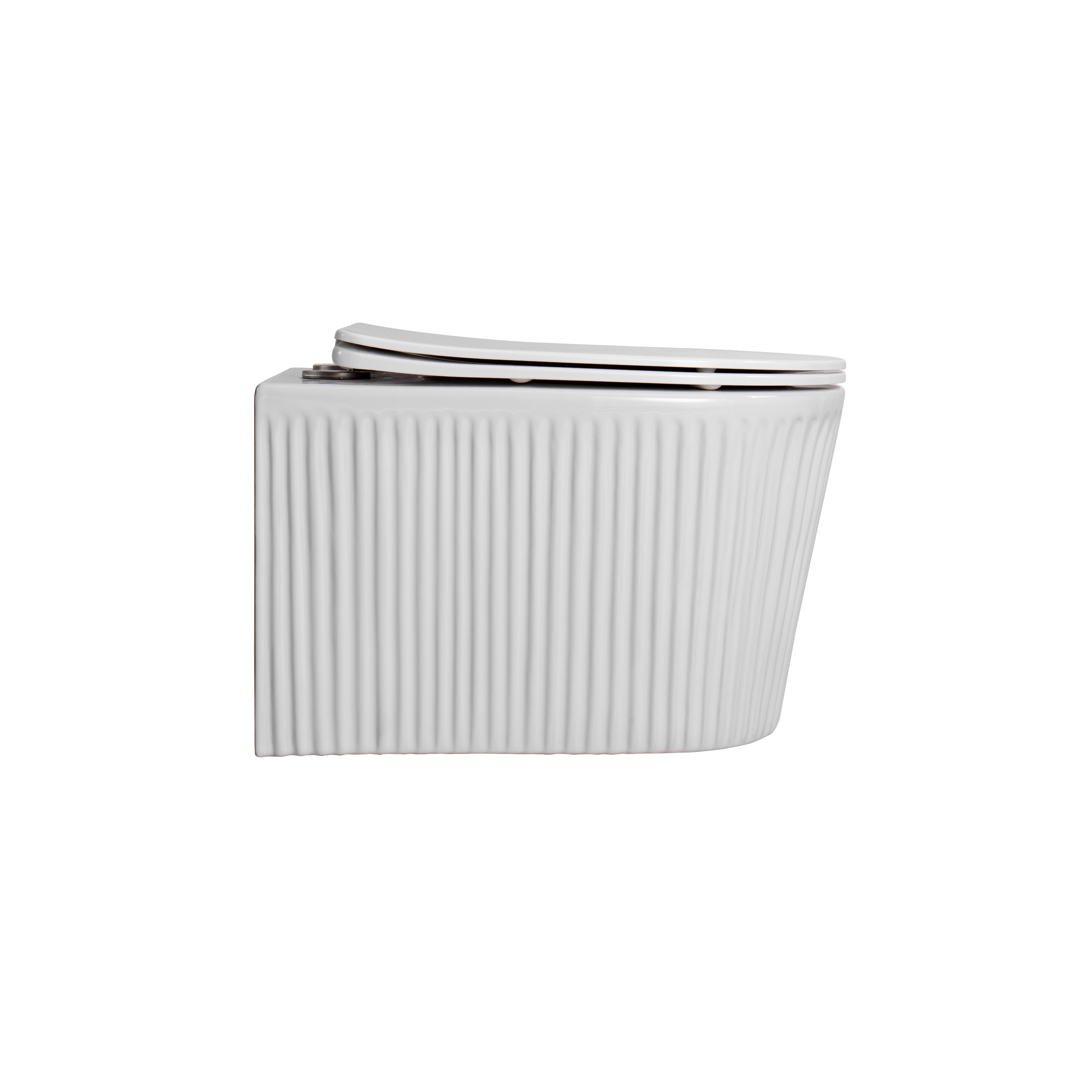MUFFLY WC SUSPENDU AVEC STRUCTURE CANNELÉE – SANS BRIDE – TORNADO FLUSH – AVEC ABATTANT – DUROPLAST – SOFT CLOSE – QUICK RELEASE – CÉRAMIQUE – 36,5X52X34,6 CM – BLANC BRILLANT