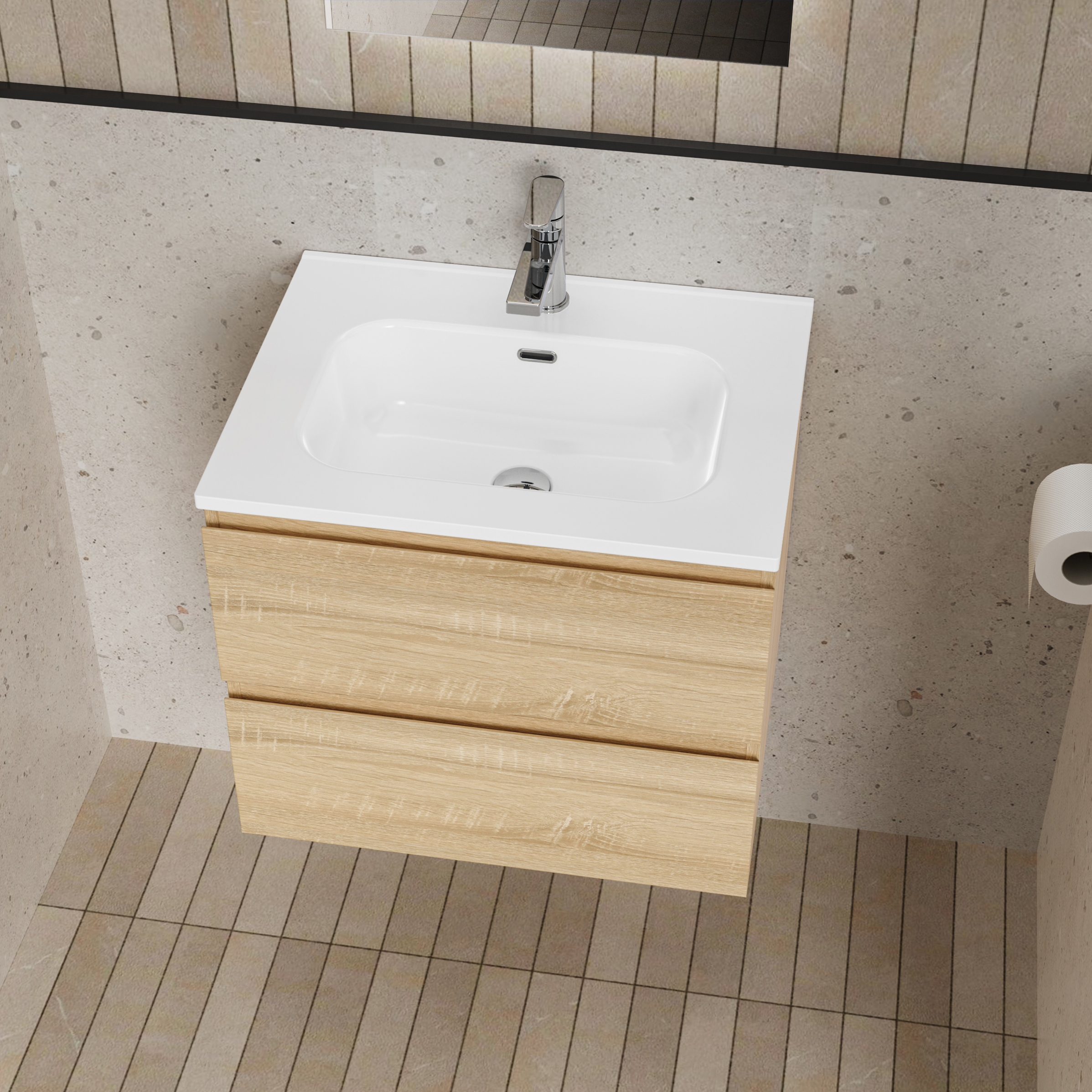 ALONI LIVA ENSEMBLE DE MEUBLE DE SALLE DE BAIN COMPLET – AVEC MEUBLE SOUS-VASQUE – AVEC VASQUE – AVEC MIROIR LED – 60 CM – CHÊNE