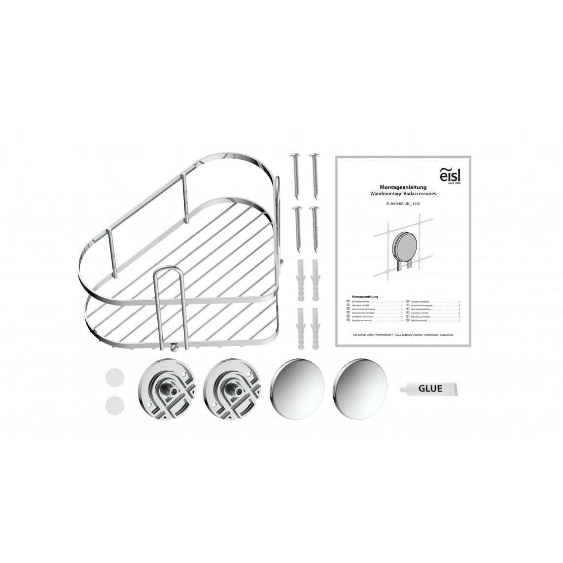 BA0200 Tablette de douche, chromé, carré, à coller ou vis