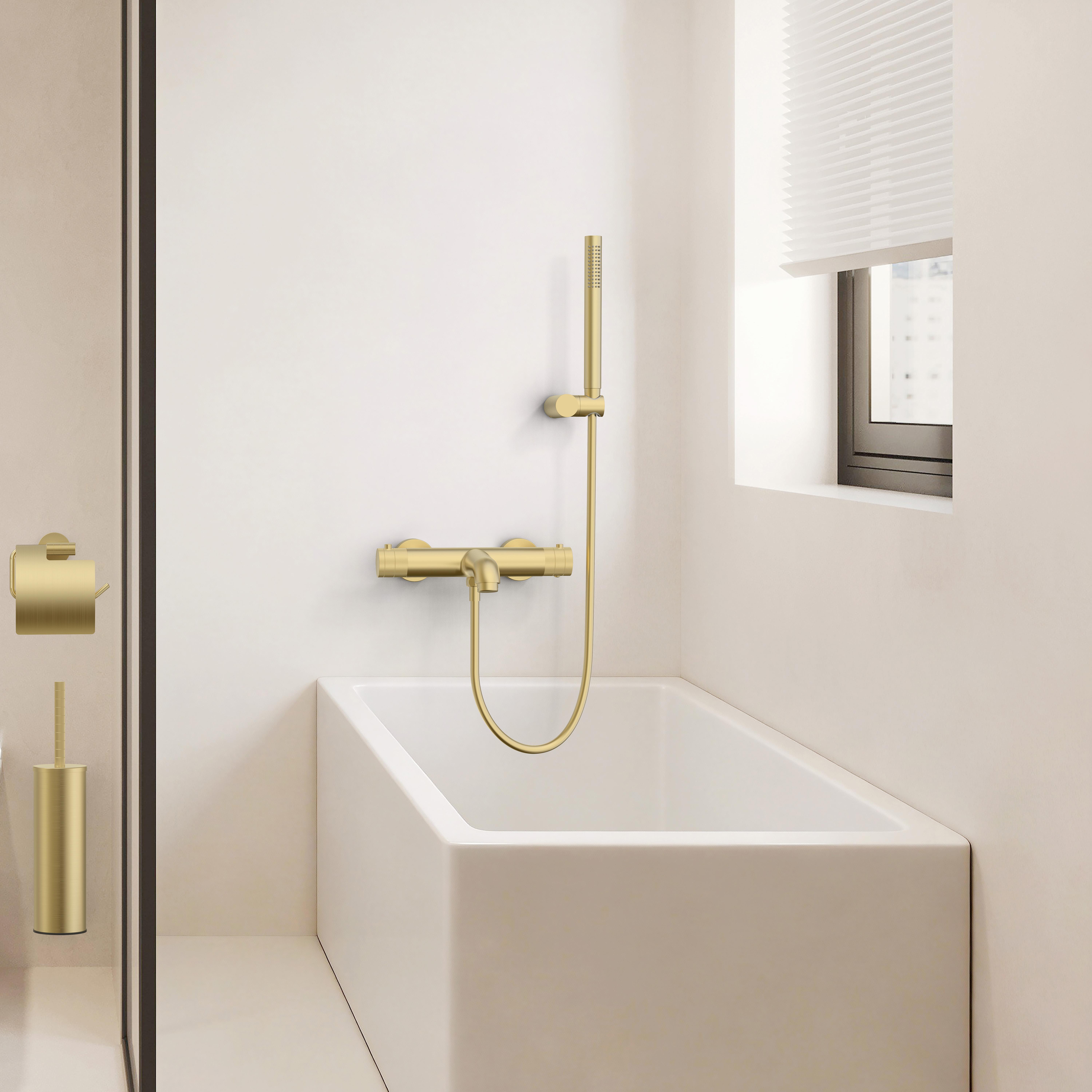 STRIA MITIGEUR DE BAIN – THERMOSTATIQUE – MONTAGE MURAL – BOUTONS AVEC FINITION STRIÉE - BELGAQUA - OR BROSSÉ (PVD)