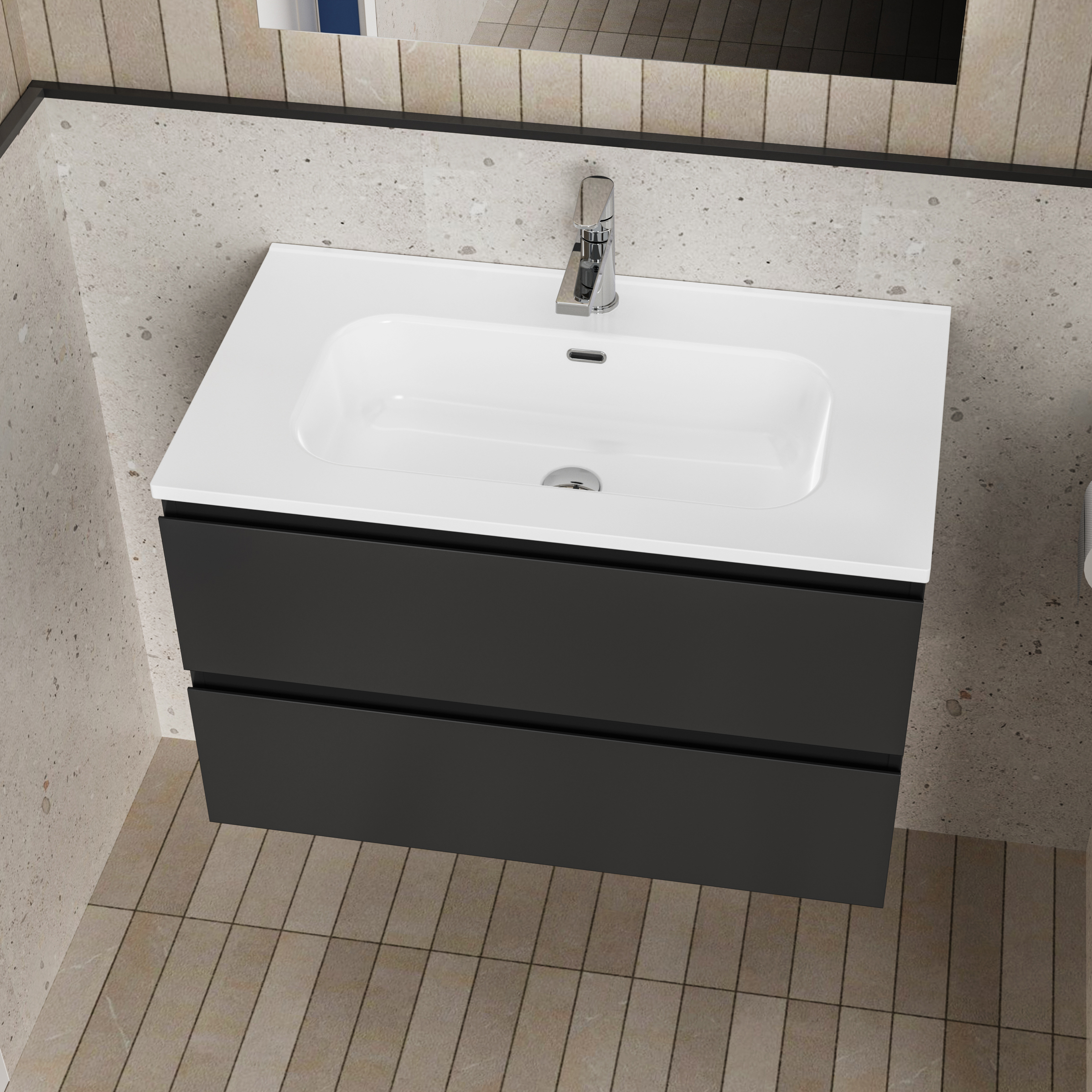 ALONI LIVA ENSEMBLE DE MEUBLE DE SALLE DE BAIN COMPLET – AVEC MEUBLE SOUS-VASQUE – AVEC VASQUE – AVEC MIROIR LED – 80 CM – NOIR MAT