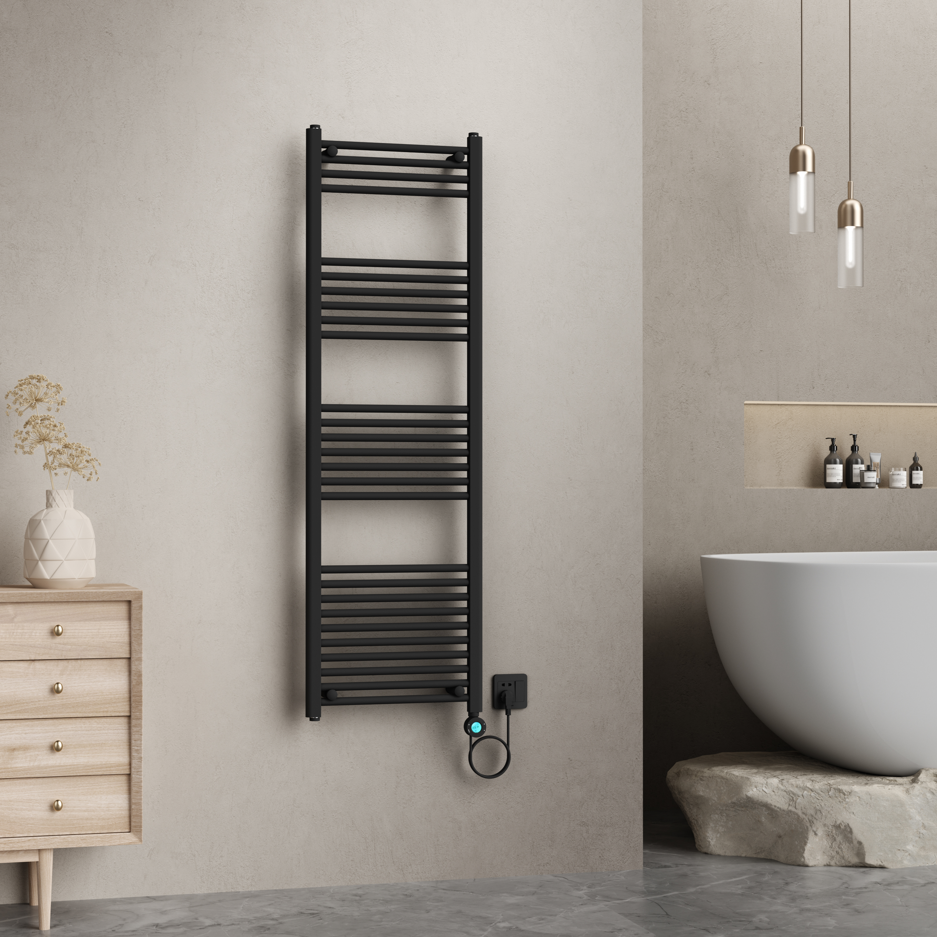 BELRAD SÈCHE-SERVIETTES ÉLECTRIQUE – AVEC THERMOSTAT NUMÉRIQUE PROGRAMMABLE – SMART WIFI - RACCORD À DROITE – 900W – 1600X500 MM – NOIR MAT