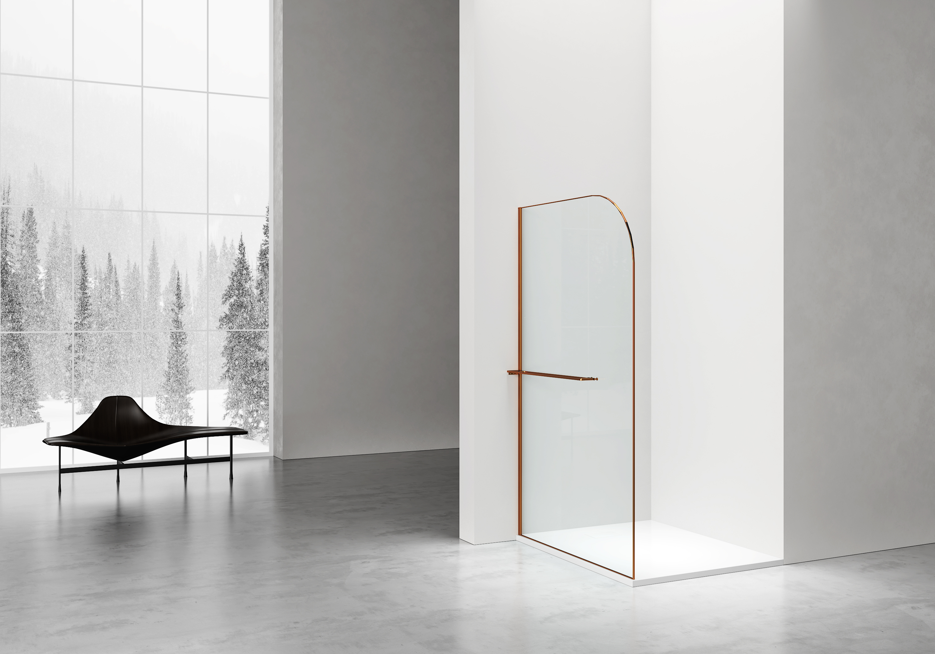 CURVY DOUCHE À L'ITALIENNE AVEC PORTE-SERVIETTE - COURBÉE - TRAITEMENT ANTI-CALCAIRE - RÉVERSIBLE - VERRE DE SÉCURITÉ 8MM - 120X200CM - CUIVRE BROSSÉ - VERRE CLAIR