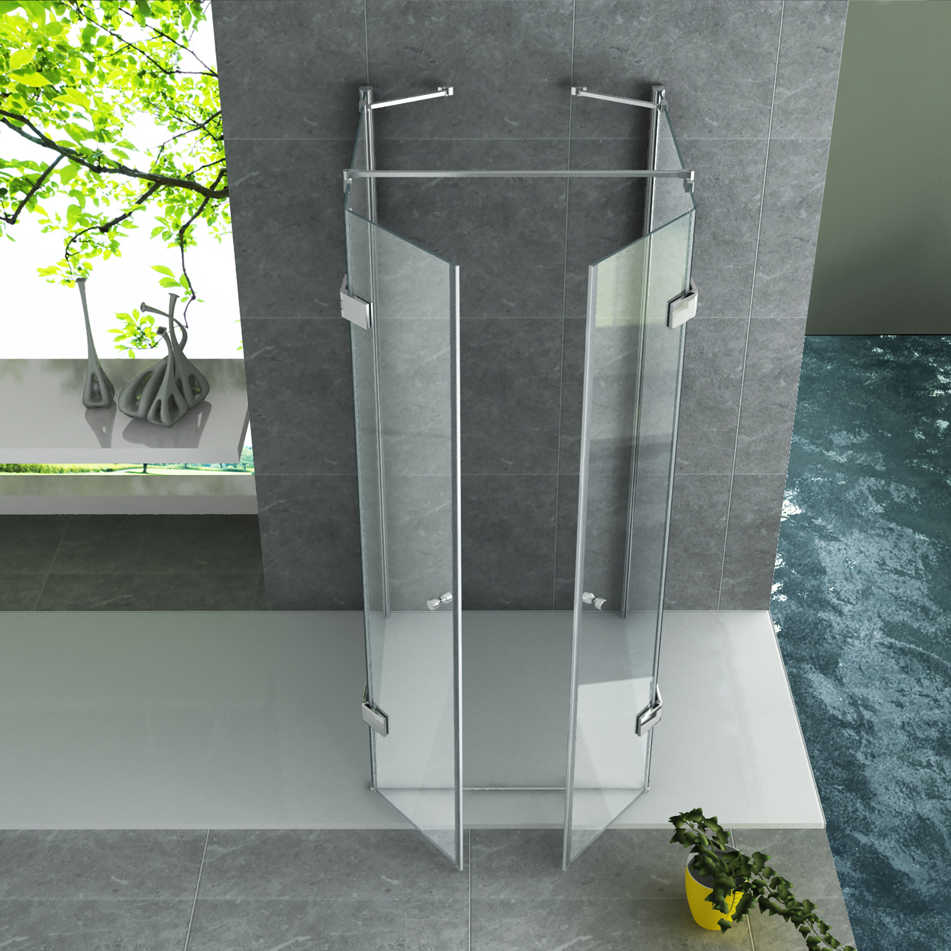 ALONI CABINE DE DOUCHE U - 2 PORTES PIVOTANTES ET 2 PAROIS LATÉRALES - 900 X 900 X1950 MM - CHROME - VERRE CLAIR