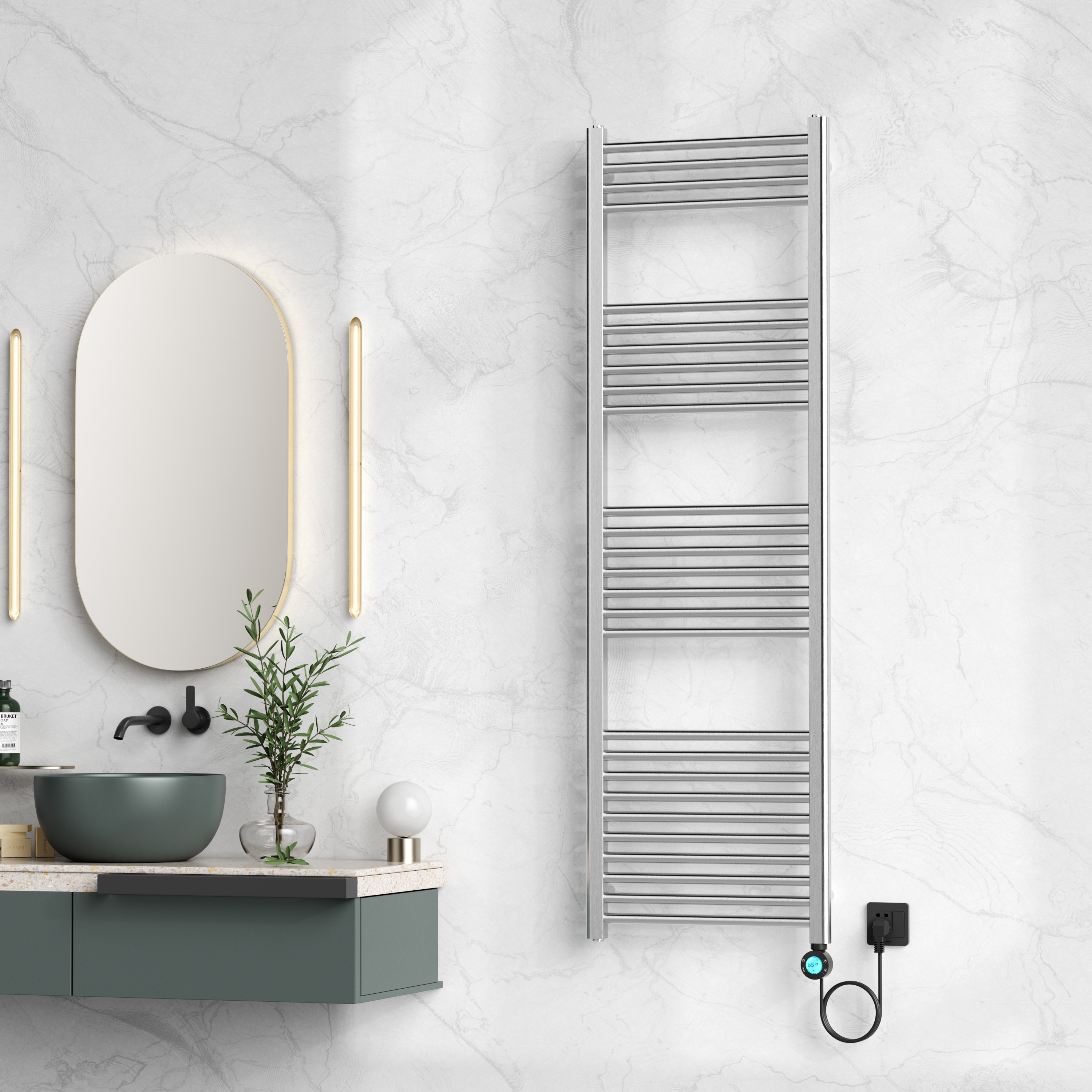 BELRAD SÈCHE-SERVIETTES ÉLECTRIQUE – AVEC THERMOSTAT NUMÉRIQUE PROGRAMMABLE – SMART WIFI - RACCORD À DROITE – 900W – 1600X500 MM – ACIER INOX BROSSÉ