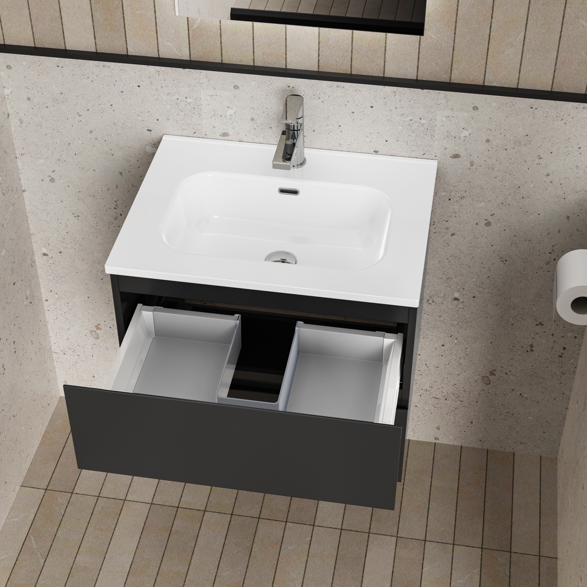 ALONI LIVA ENSEMBLE DE MEUBLE DE SALLE DE BAIN COMPLET – AVEC MEUBLE SOUS-VASQUE – AVEC VASQUE – AVEC MIROIR LED – 60 CM – NOIR MAT