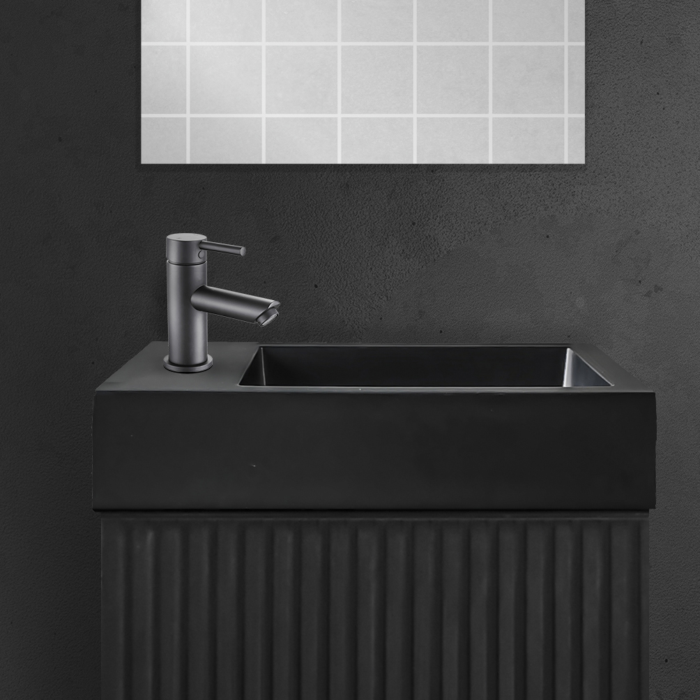 ALONI LAVE-MAINS - SANS TROP-PLEIN - TROU ROBINET À GAUCHE OU À DROITE - MARBRE COMPOSITE - 40X10,5X22,5CM - NOIR MAT