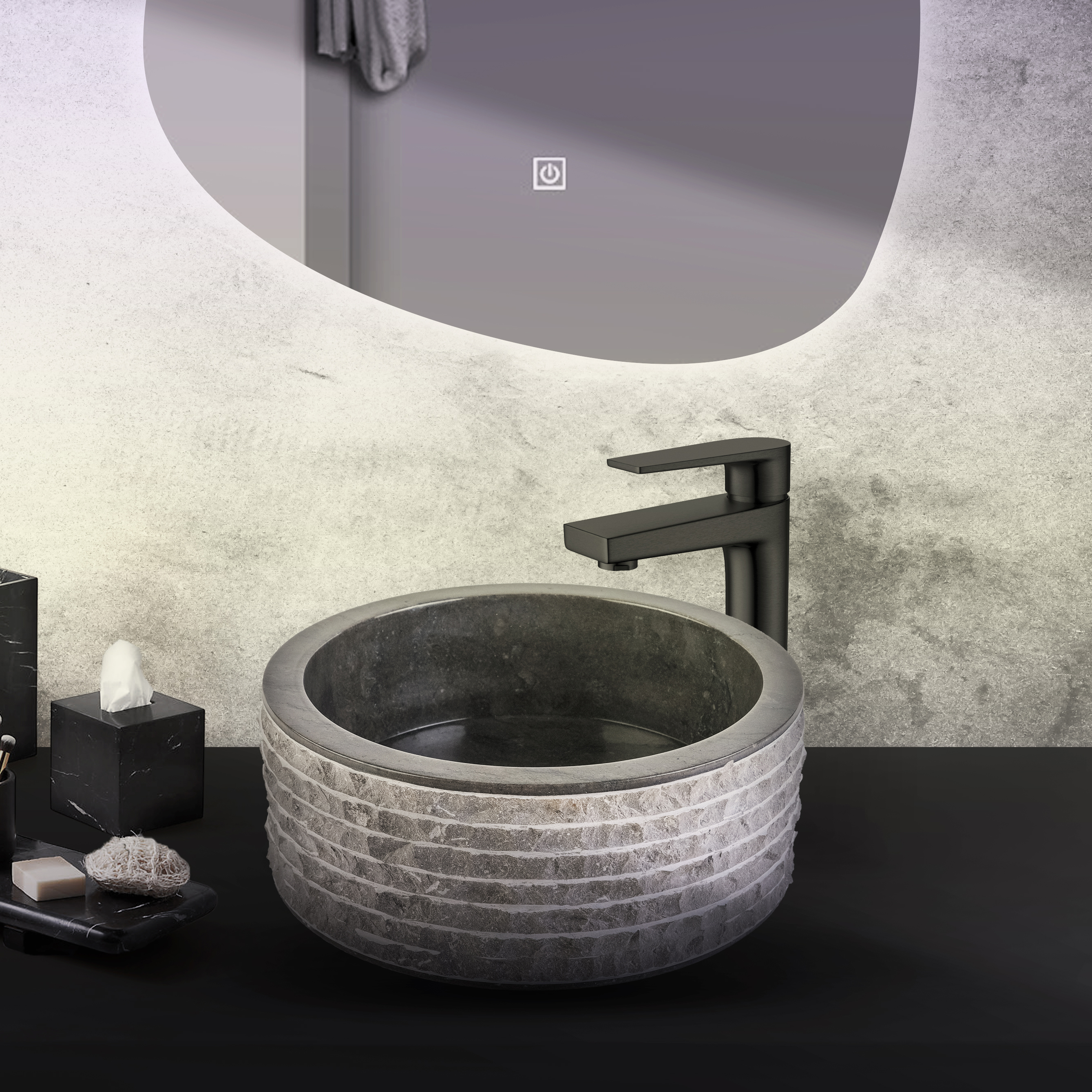 VASQUE EN MARBRE ALUR AVEC INTÉRIEUR POLI - NOIR 40X15CM