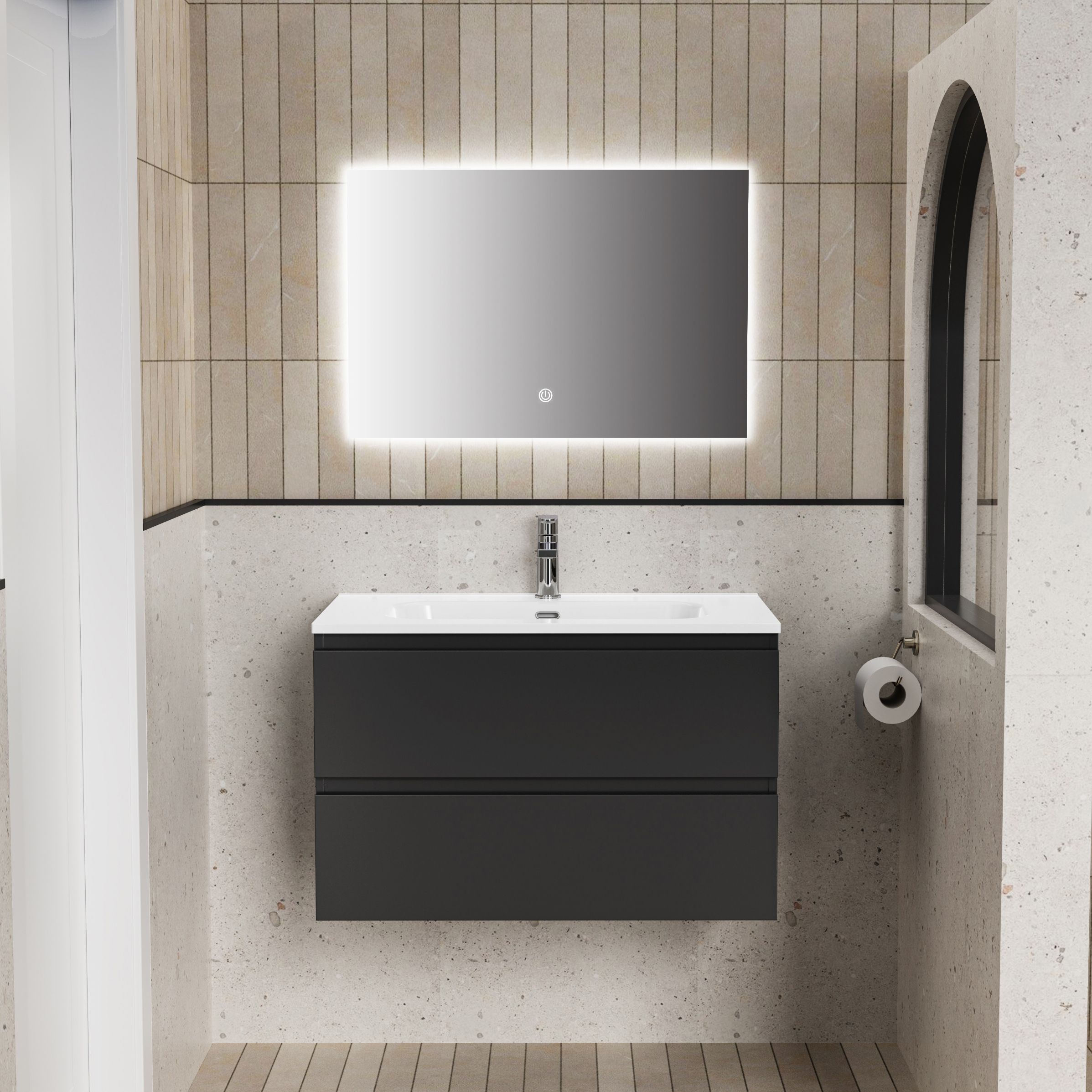 ALONI LIVA ENSEMBLE DE MEUBLE DE SALLE DE BAIN COMPLET – AVEC MEUBLE SOUS-VASQUE – AVEC VASQUE – AVEC MIROIR LED – 80 CM – NOIR MAT