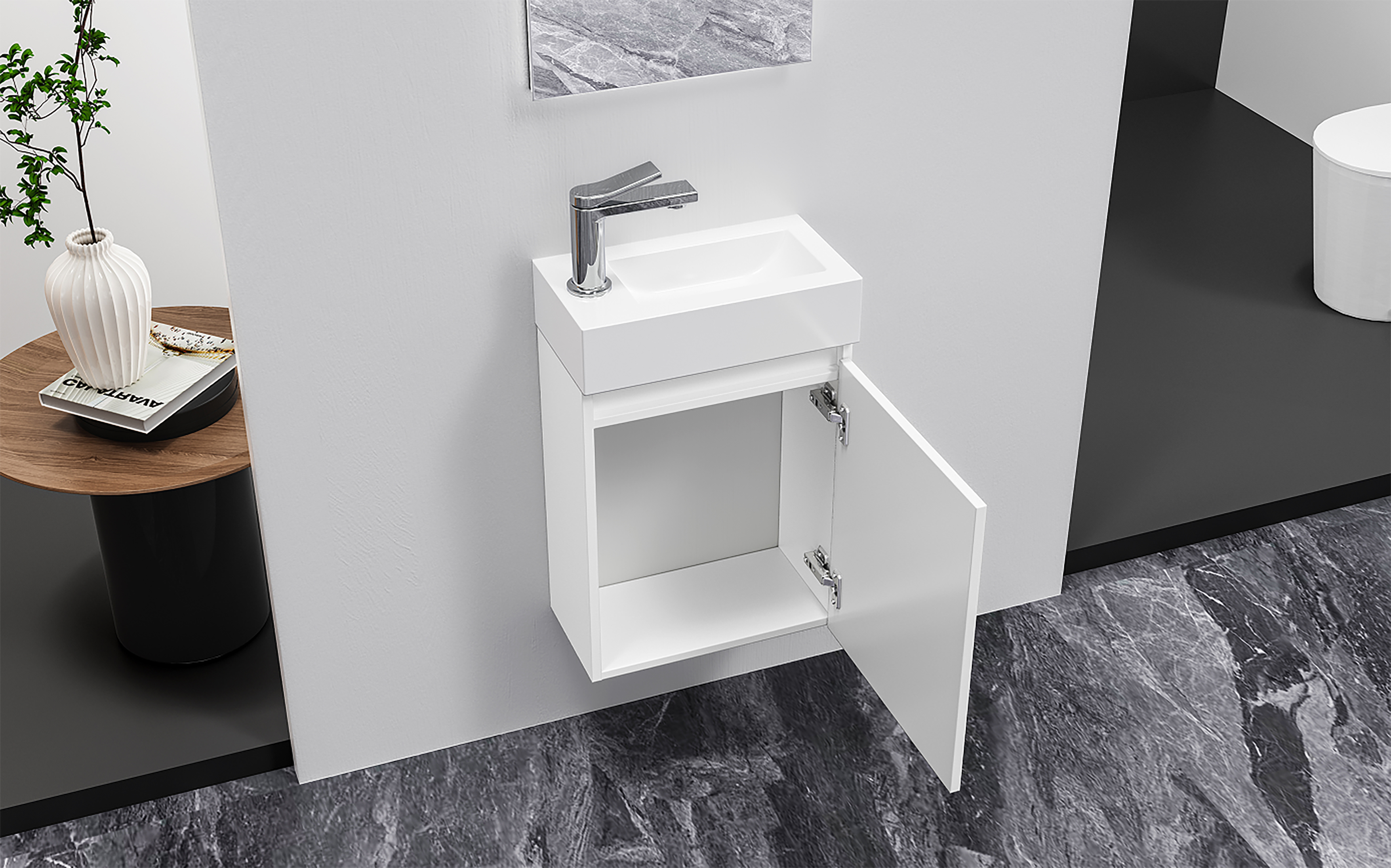 ALONI ZYRO ENSEMBLE DE MEUBLE DE TOILETTE - COMPLÈT - MEUBLE SOUS-VASQUE AVEC 1 PORTE - SANS POIGNÉE - SOFT CLOSE - RÉVERSIBLE - MIROIR - LAVE MAINS - 40,5X22,5 CM - BLANC BRILLANT