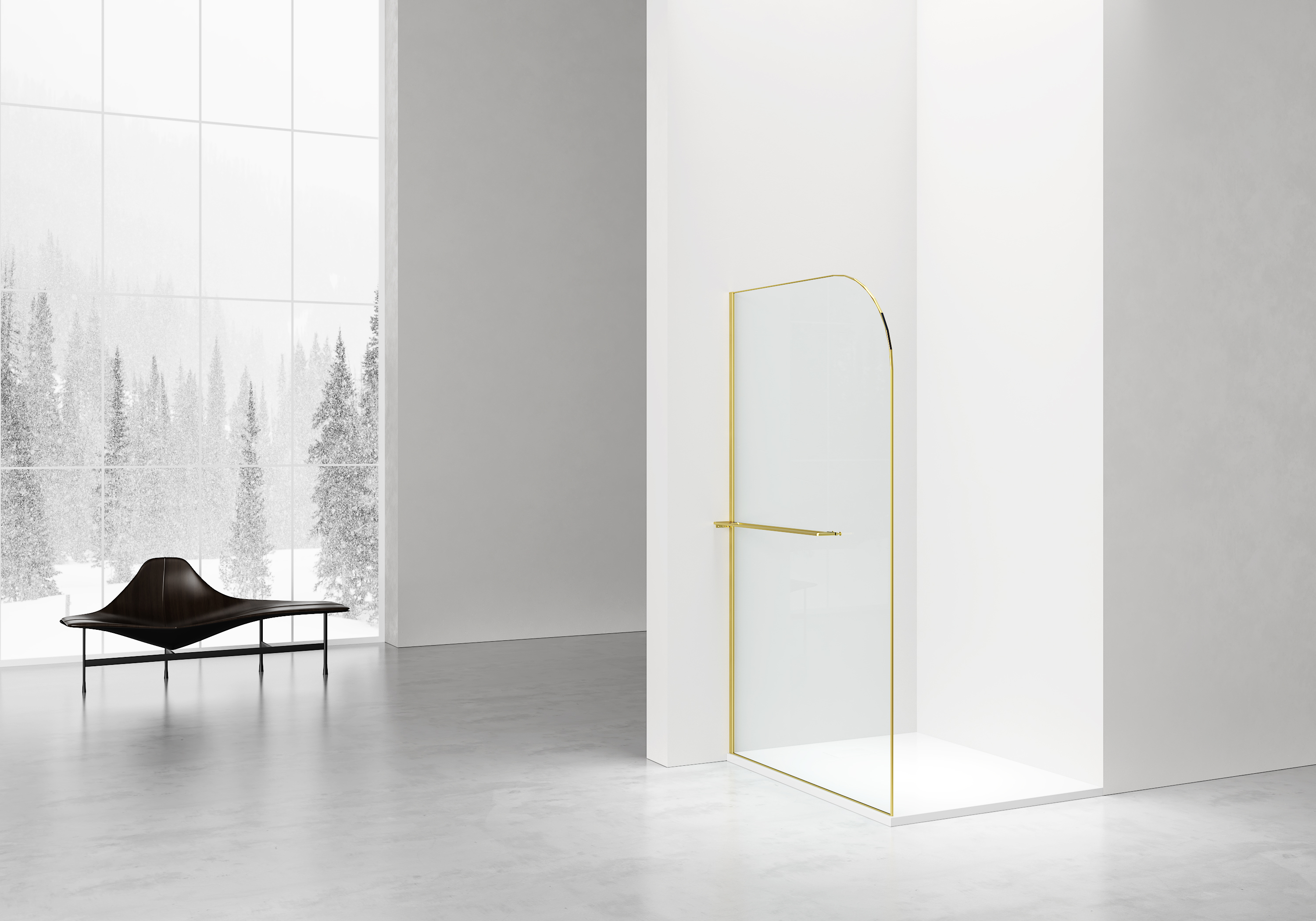 CURVY DOUCHE À L'ITALIENNE AVEC PORTE-SERVIETTE - COURBÉE - TRAITEMENT ANTI-CALCAIRE - RÉVERSIBLE - VERRE DE SÉCURITÉ 8MM - 120X200CM - OR BROSSÉ - VERRE CLAIR