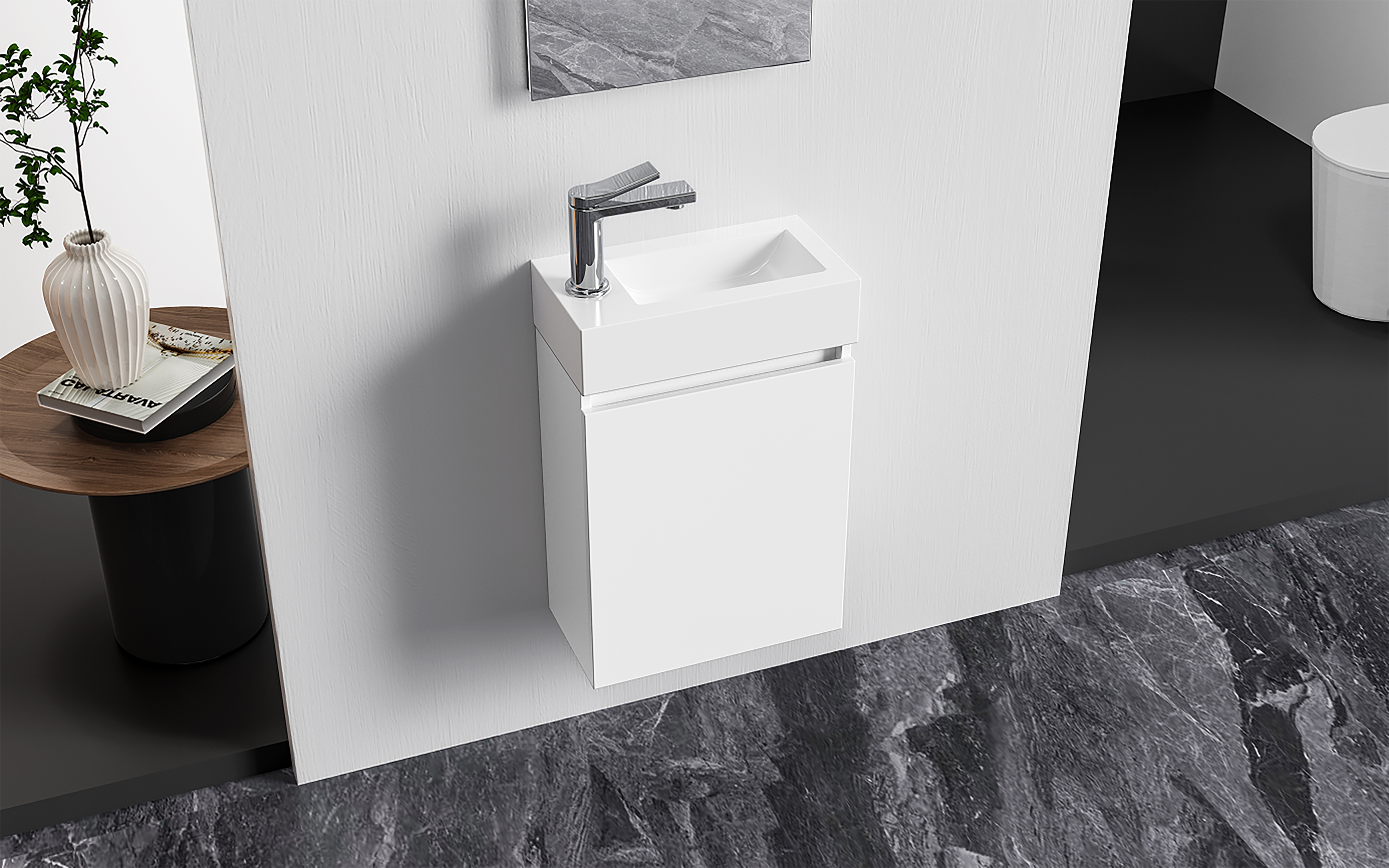 ALONI ZYRO ENSEMBLE DE MEUBLE DE TOILETTE - COMPLÈT - MEUBLE SOUS-VASQUE AVEC 1 PORTE - SANS POIGNÉE - SOFT CLOSE - RÉVERSIBLE - MIROIR - LAVE MAINS - 40,5X22,5 CM - BLANC BRILLANT