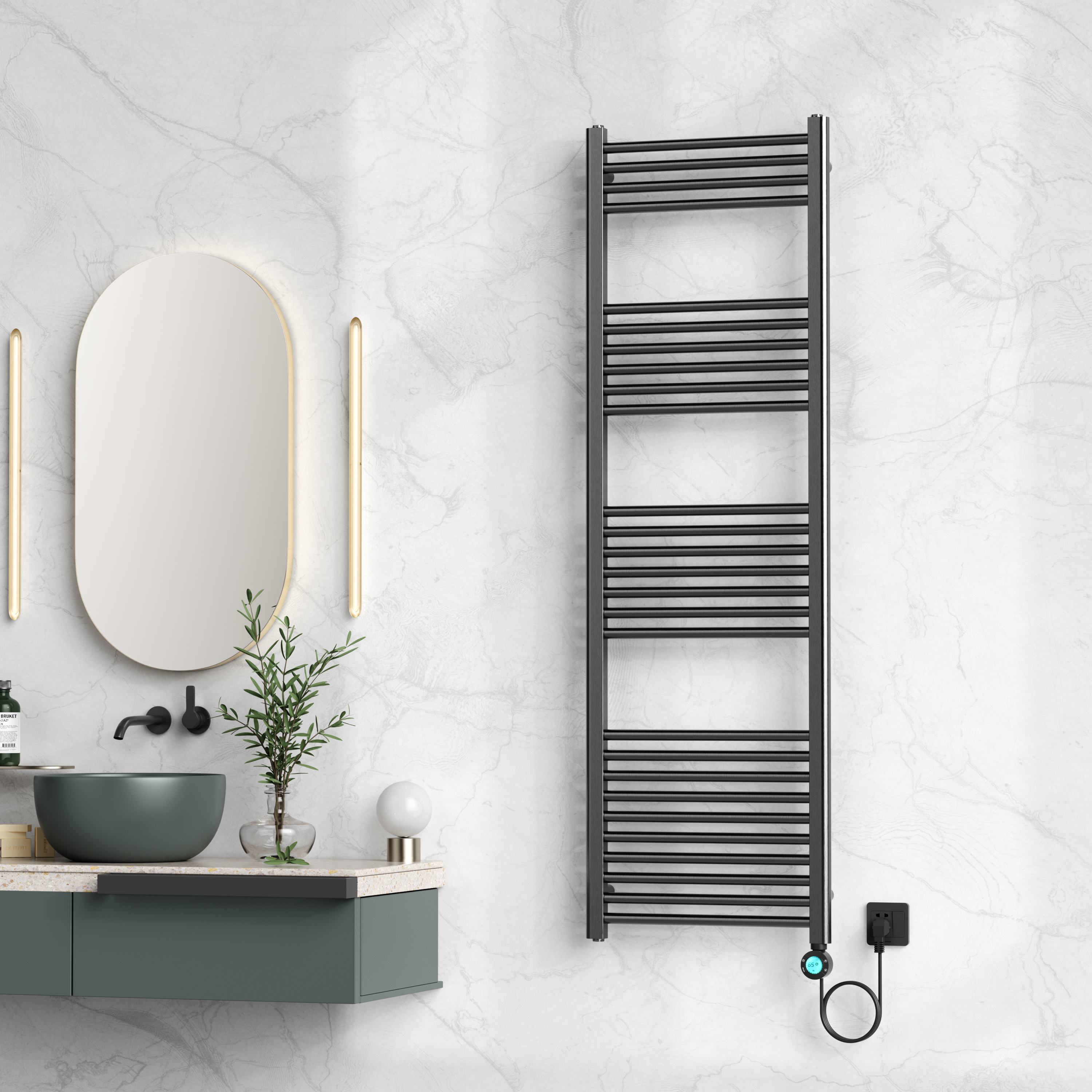 BELRAD SÈCHE-SERVIETTES ÉLECTRIQUE – AVEC THERMOSTAT NUMÉRIQUE PROGRAMMABLE – SMART WIFI - RACCORD À DROITE – 900W – 1600X500 MM – GUNMETAL