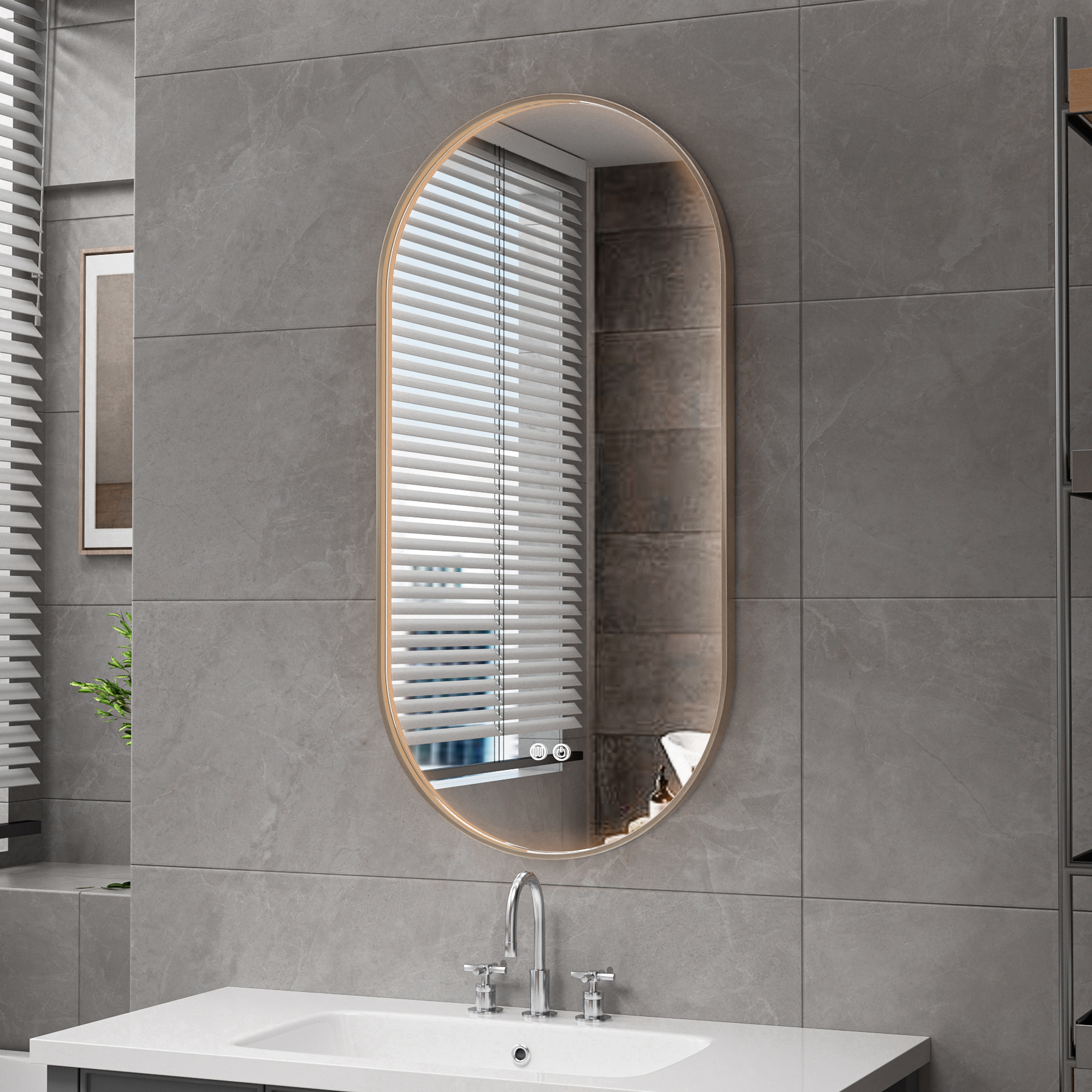 ALONI AVALO MIROIR - AVEC ÉCLAIRAGE LED - OVALE - AVEC CADRE - ANTI-BUÉE - TEMPÉRATURE DE COULEUR LED 3000-6000K - DIMMABLE - 50X100CM - BRUN BRONZE BROSSÉ