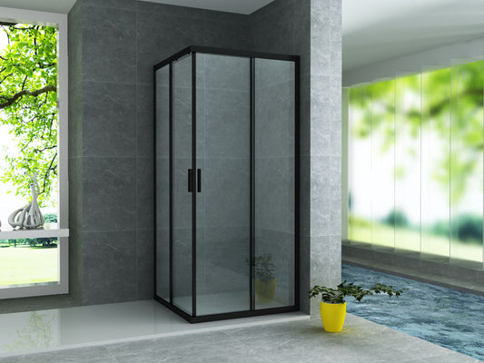 ALONI CABINE DE DOUCHE ANGULAIRE AVEC 2 PORTES COULISSANTES – TRAITEMENT ANTI-CALCAIRE – RÉVERSIBLE – VERRE DE SÉCURITÉ 6?MM – 90X90X195?CM – NOIR?MAT – VERRE CLAIR