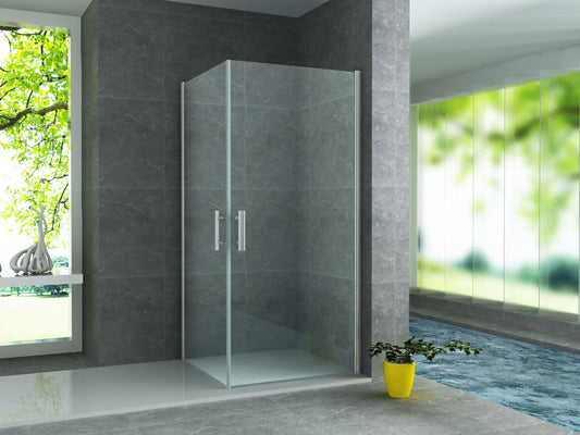 ALONI CABINE DE DOUCHE ANGULAIRE AVEC 2 PORTES PIVOTANTES – PORTES OUVRANT VERS L’INTÉRIEUR ET L’EXTÉRIEUR – TRAITEMENT ANTI‑CALCAIRE – RÉVERSIBLE – VERRE DE SÉCURITÉ 6 MM – 90X90X190CM – CHROME – VE