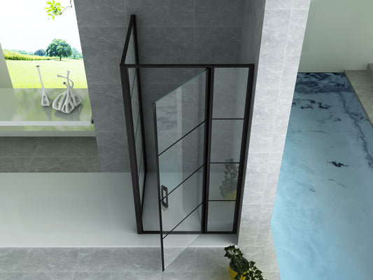 ALONI CABINE DE DOUCHE AVEC PORTE BATTANTE, PAROI FIXE ET PAROI LATÉRALE – TRAITEMENT ANTI-CALCAIRE – RÉVERSIBLE – VERRE DE SÉCURITÉ 8?MM – 90X120X200?CM – NOIR MAT – VERRE CLAIR AVEC GRILLE?NOIRE