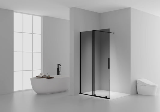 X-SLIDE WALK-IN SHOWER WITH SLIDING DOOR – SLIDING DOOR FOR NICHE – WITH ANTI-LIMESCALE TREATMENT – REVERSIBLE – 8MM SAFETY GLASS – 120X200CM – MATT BLACK – GREY TINTED GLASS