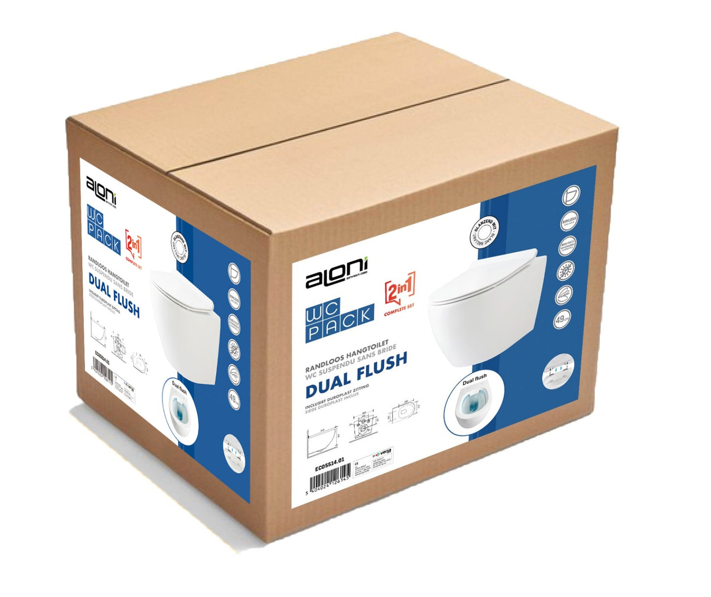 ALONI ECO WC SUSPENDU – SANS BRIDE – AVEC ABATTANT – DUROPLAST – SOFT CLOSE – QUICK RELEASE – COMPACT 39 CM – 36X36X49 CM – BLANC BRILLANT