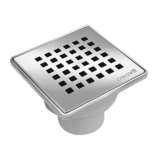 SIPHON DE SOL PVC AVEC GRILLE INOX, CARRÉ SORTIE VERTICALE 15X15 Ø50