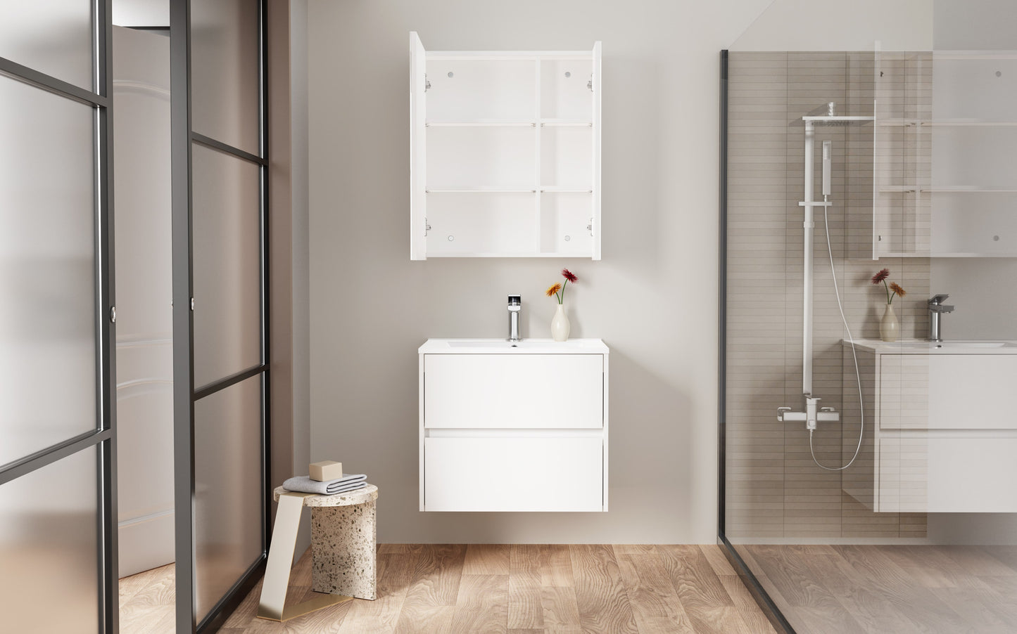 HAYAT ARMOIRE MIROIR - 2 PORTES MIROIRS ASYMÉTRIQUES, À UN SEUL CÔTÉ - 4 ÉTAGÈRES RÉGLABLES EN HAUTEUR - 60X70X15 CM - BLANC BRILLANT