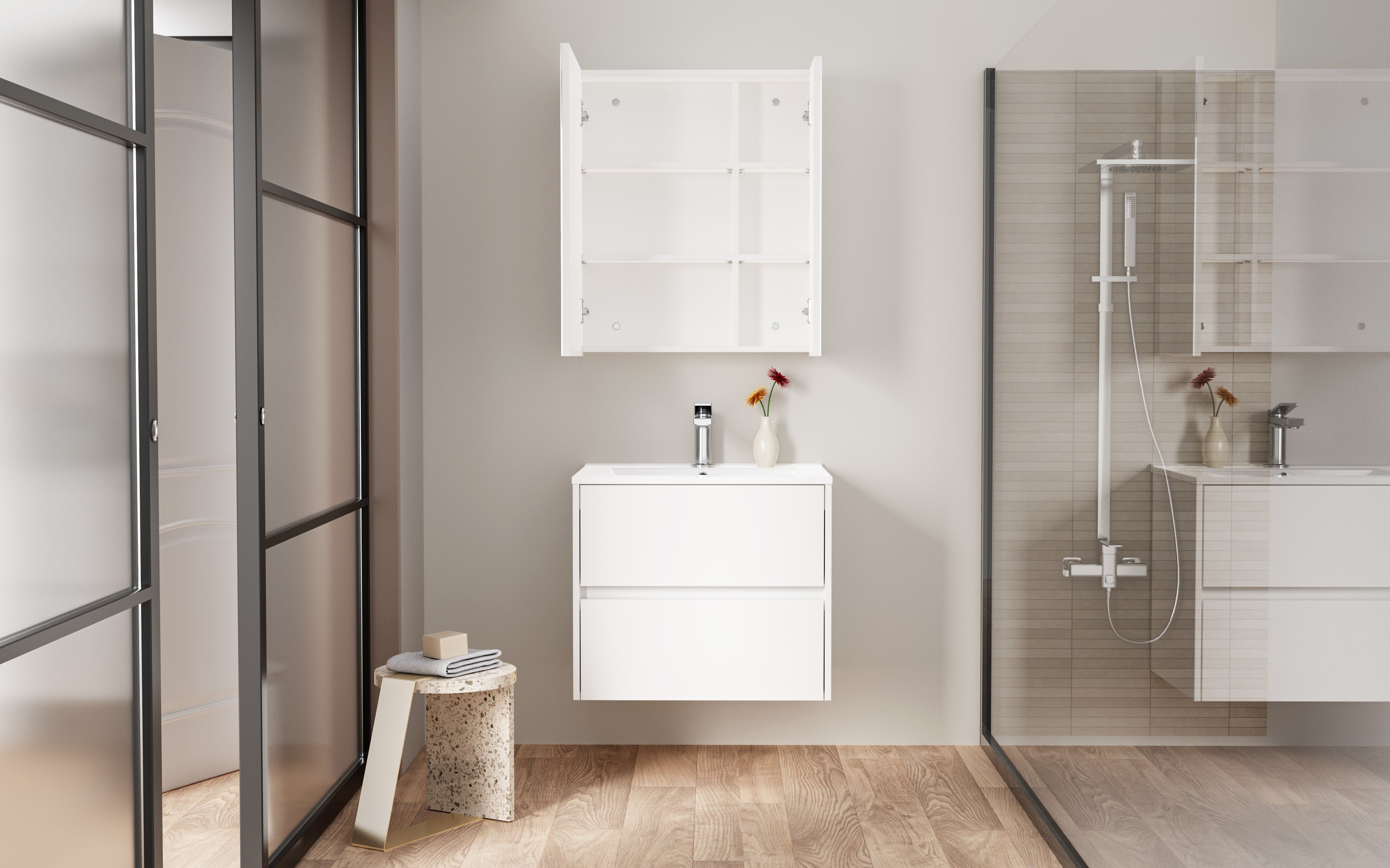 HAYAT ARMOIRE MIROIR - 2 PORTES MIROIRS ASYMÉTRIQUES, À UN SEUL CÔTÉ - 4 ÉTAGÈRES RÉGLABLES EN HAUTEUR - 60X70X15 CM - BLANC BRILLANT