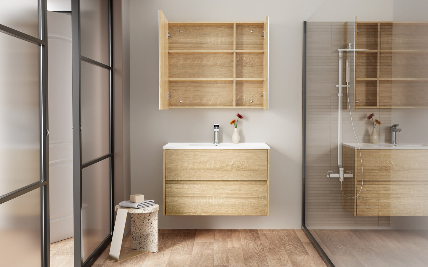 HAYAT ARMOIRE MIROIR - 2 PORTES MIROIRS ASYMÉTRIQUES, À UN SEUL CÔTÉ - 4 ÉTAGÈRES RÉGLABLES EN HAUTEUR - 80X70X15 CM - CHÊNE