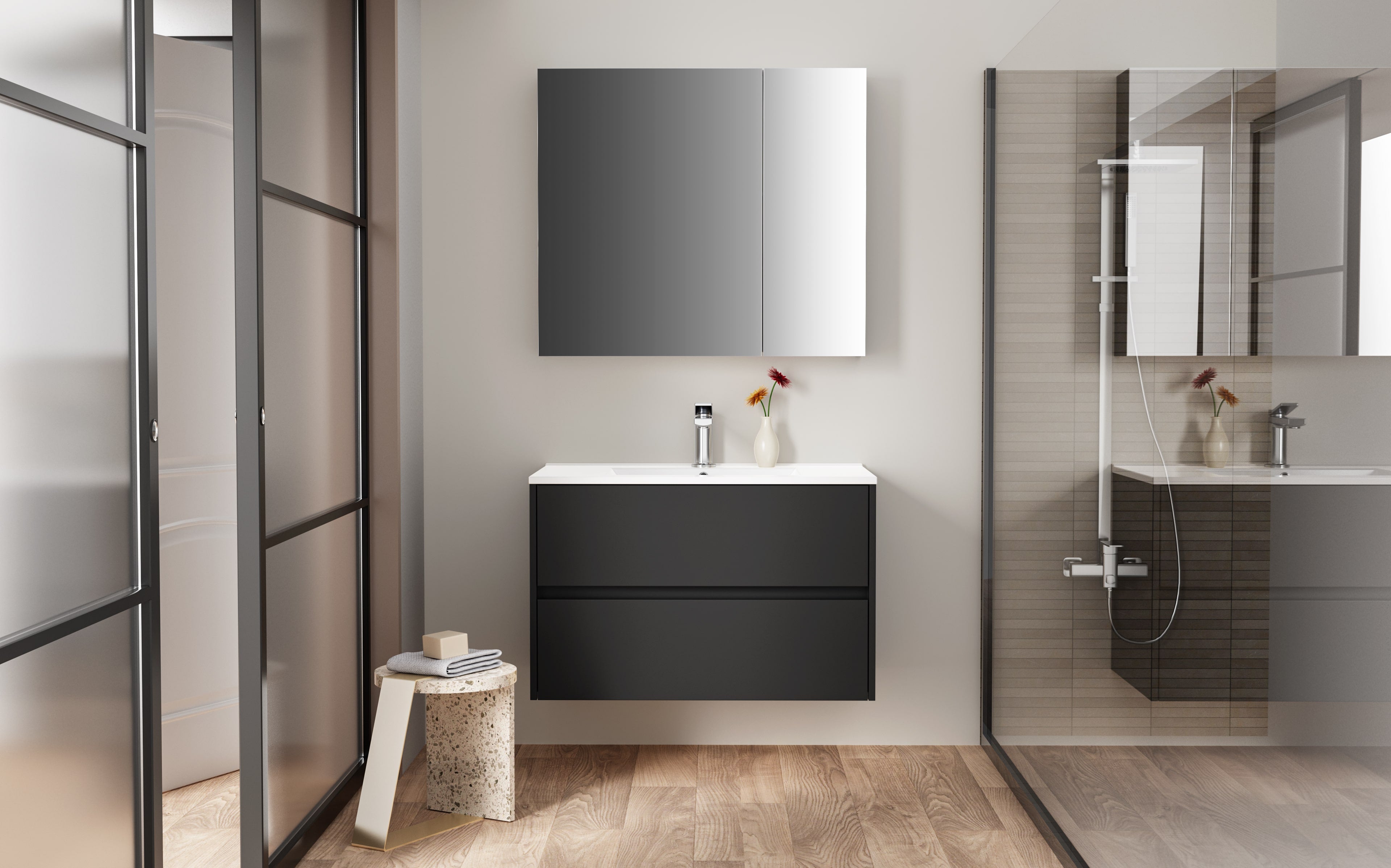 HAYAT ARMOIRE MIROIR - 2 PORTES MIROIRS ASYMÉTRIQUES, À UN SEUL CÔTÉ - 4 ÉTAGÈRES RÉGLABLES EN HAUTEUR - 80X70X15 CM - NOIR MAT