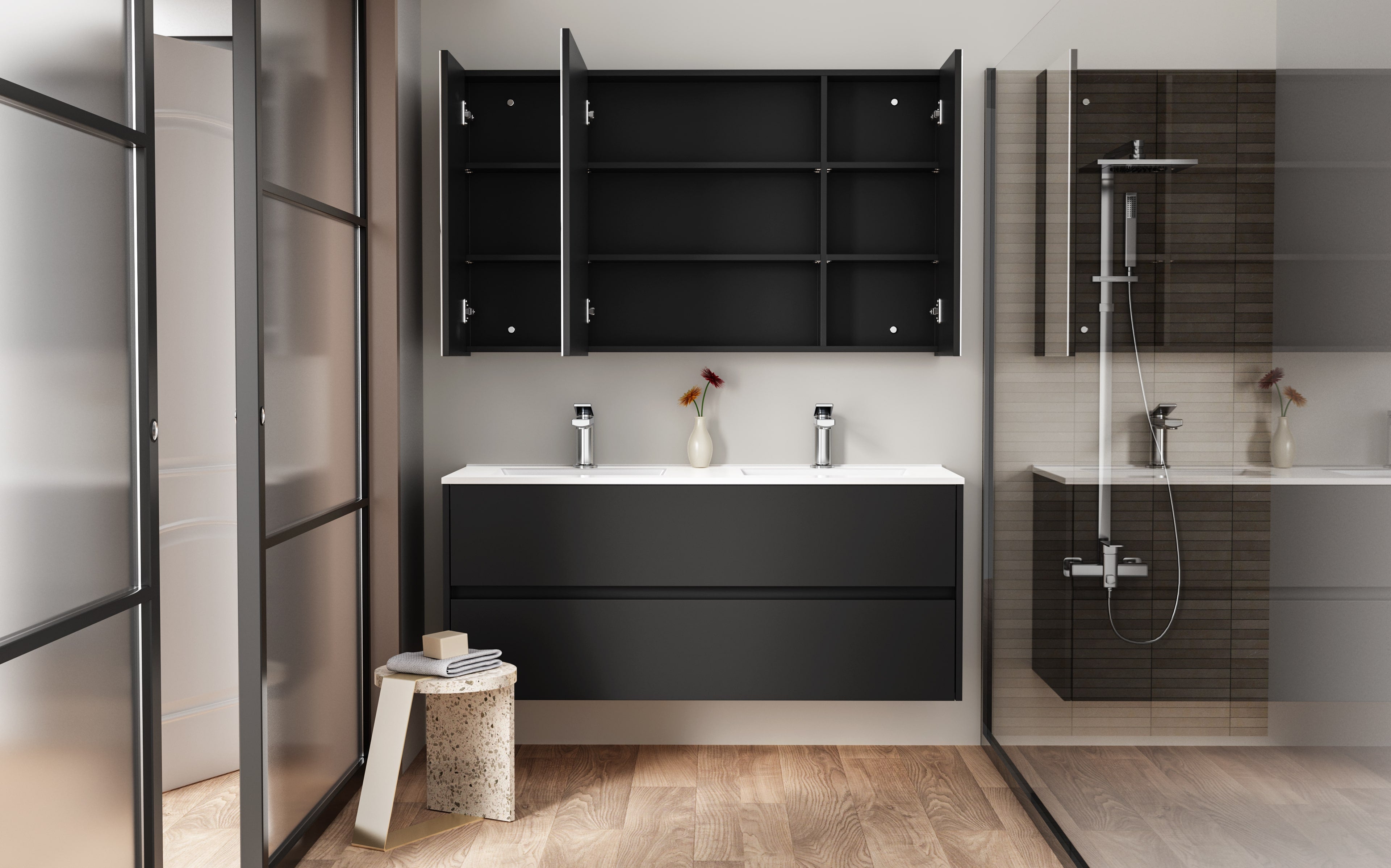 ALONI HAYAT MEUBLE SOUS-VASQUE - 2 TIROIRS - SANS POIGNEE - SOFT CLOSE – 119,5X50X45 CM - NOIR MAT