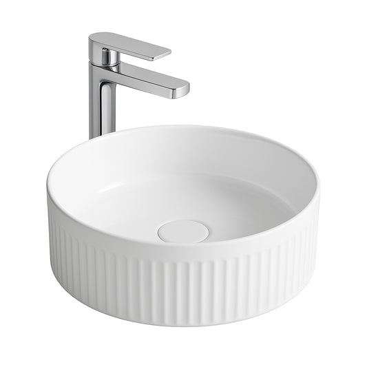 ALONI MUFFLY LAVABO AVEC STRUCTURE CANNELÉE - À POSER – SANS TROP-PLEIN – SANS TROU DE ROBINET – CÉRAMIQUE – 37X13X37 CM – BLANC BRILLANT
