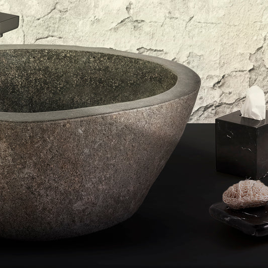 VASQUE EN PIERRE DE RIVIÈRE NATURELLE - GRIS 30-35X15X3CM