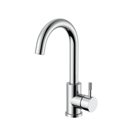 STRIA MITIGEUR LAVABO – BEC COURBÉ – MOBILE – DÉMARRAGE À FROID – POIGNÉE AVEC STRUCTURE STRIÉE RAFFINÉE – SANS BONDE – CHROME