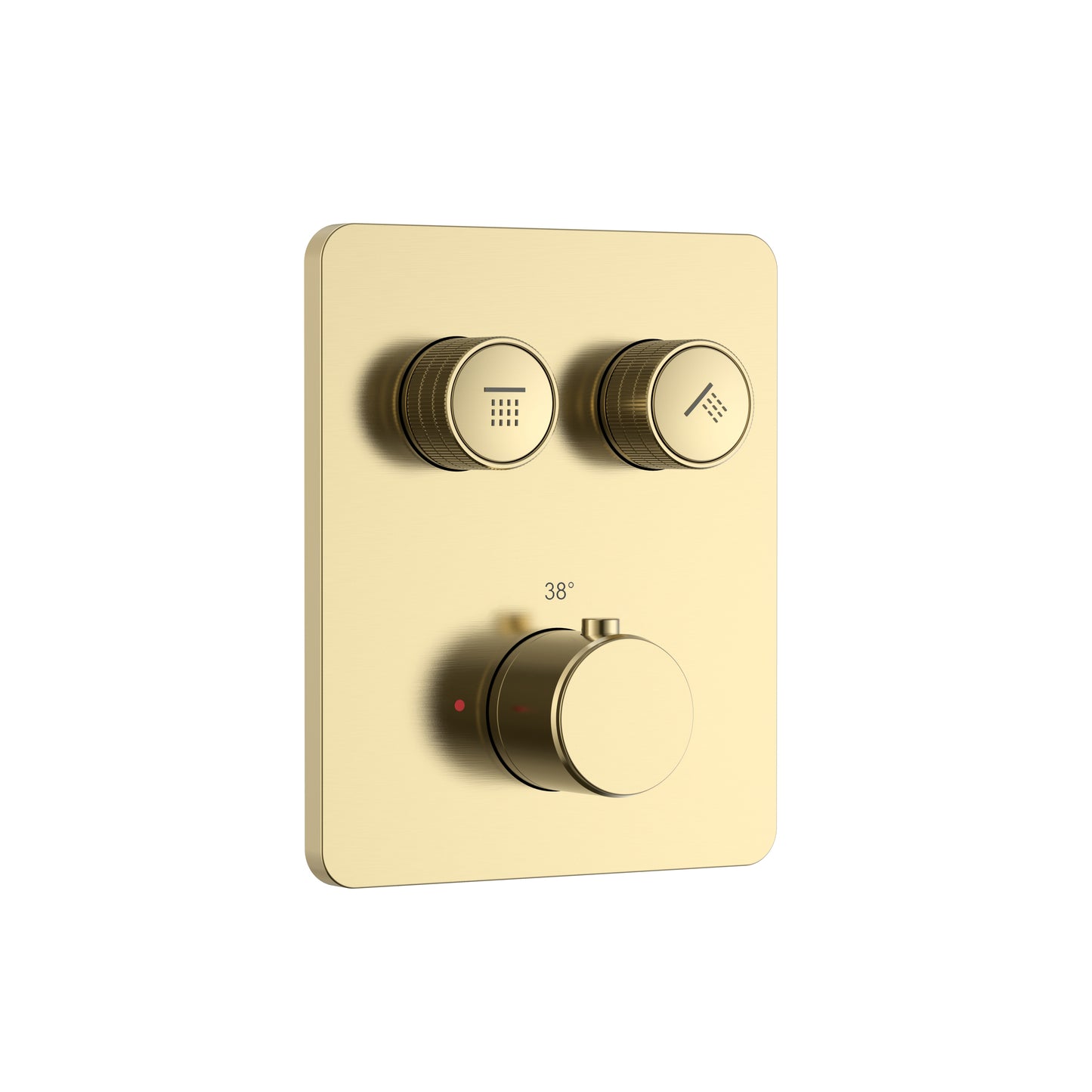 STRIA MITIGEUR DE DOUCHE – 2 VOIES – THERMOSTATIQUE – BOUTONS POUSSOIRS S AVEC STRUCTURE STRIÉE RAFFINÉE – AVEC BOÎTIER D’ENCASTREMENT ET ÉLÉMENT DE FINITION – RECTANGULAIRE – OR BROSSÉ (PVD)