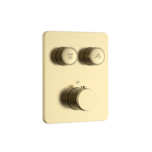 STRIA MITIGEUR DE DOUCHE – 2 VOIES – THERMOSTATIQUE – BOUTONS POUSSOIRS S AVEC STRUCTURE STRIÉE RAFFINÉE – AVEC BOÎTIER D’ENCASTREMENT ET ÉLÉMENT DE FINITION – RECTANGULAIRE – OR BROSSÉ (PVD)