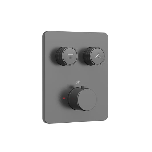 STRIA MITIGEUR DE DOUCHE – 2 VOIES – THERMOSTATIQUE – BOUTONS POUSSOIRS S AVEC STRUCTURE STRIÉE RAFFINÉE – AVEC BOÎTIER D’ENCASTREMENT ET ÉLÉMENT DE FINITION – RECTANGULAIRE – GUNMETAL (PVD)
