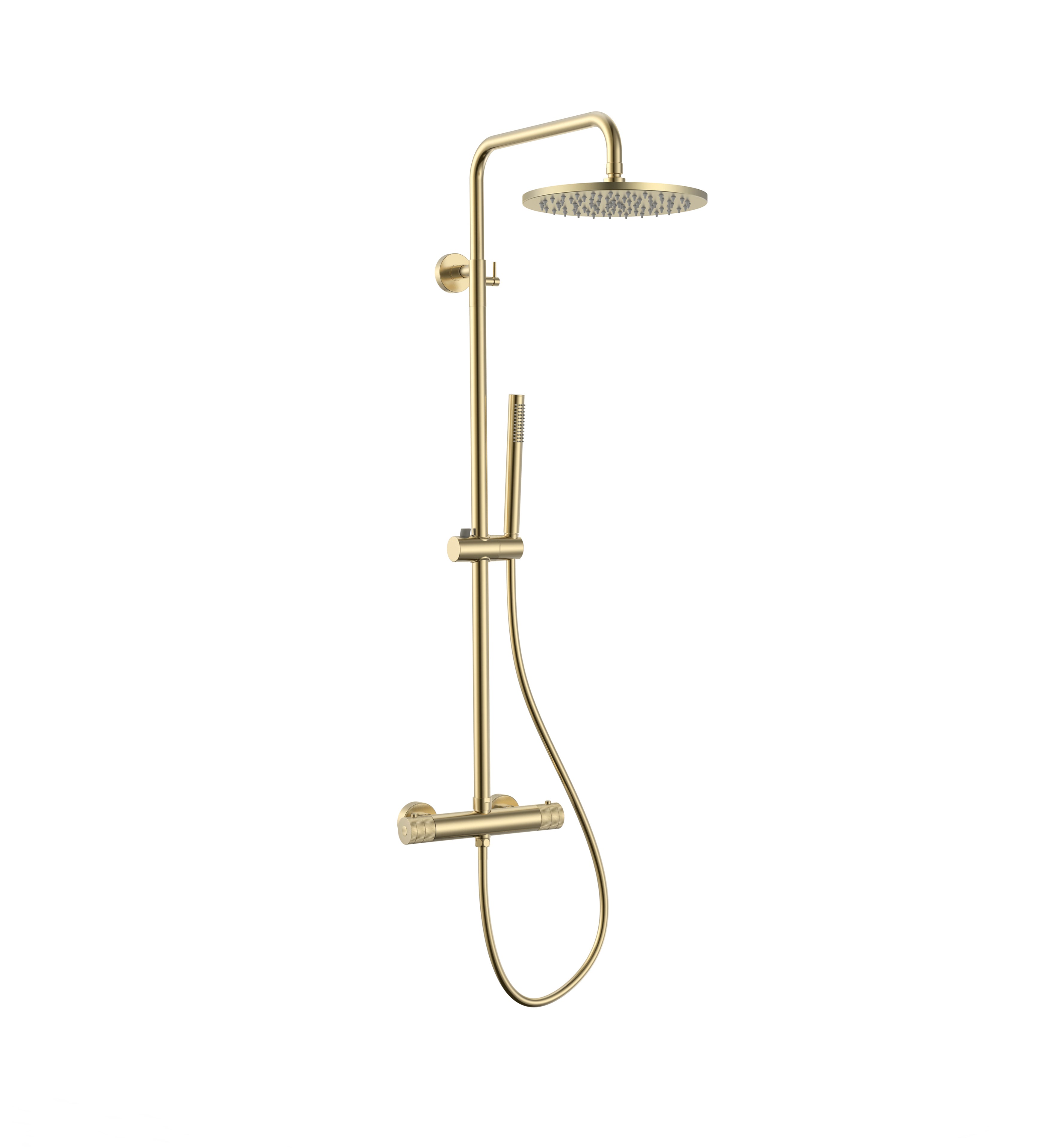 STRIA ENSEMBLE DE DOUCHE PLUIE – THERMOSTATIQUE – COOL TOUCH – DOUCHE DE TÊTE 30 CM – MONTAGE APPARENTE – BOUTONS S AVEC STRUCTURE STRIÉE RAFFINÉE – OR BROSSÉ (PVD)